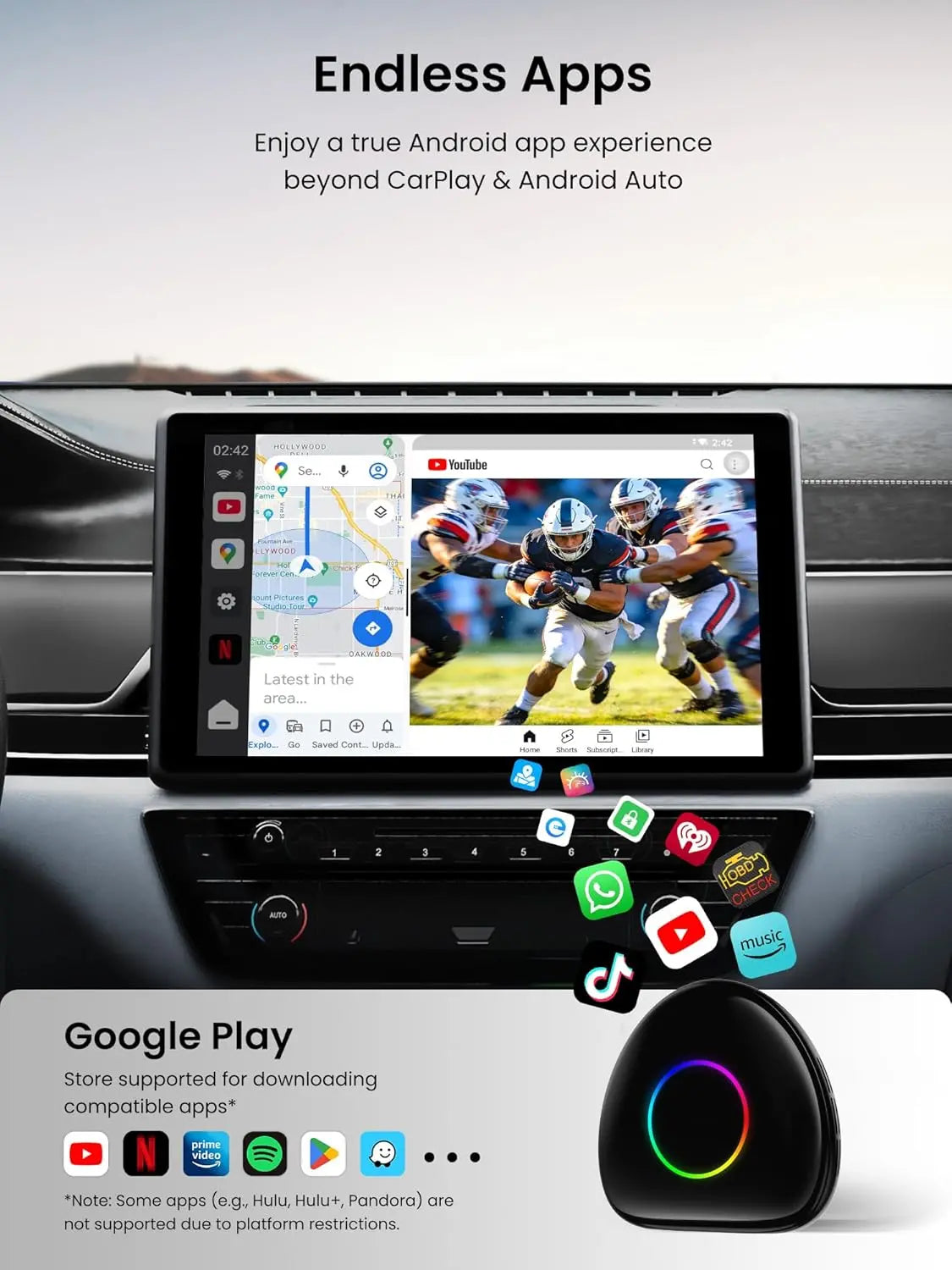 ATOTO CarWave CB6D wireless CarPlay adapter Magic Box CarPlay Video Box - Wireless CarPlay/Android Auto/Android 13 OS, 8GB+128GB, 4G LTE, WiFi, Dual Bluetooth, GPS, YouTube/Netflix Support, microSD, OTA, Black