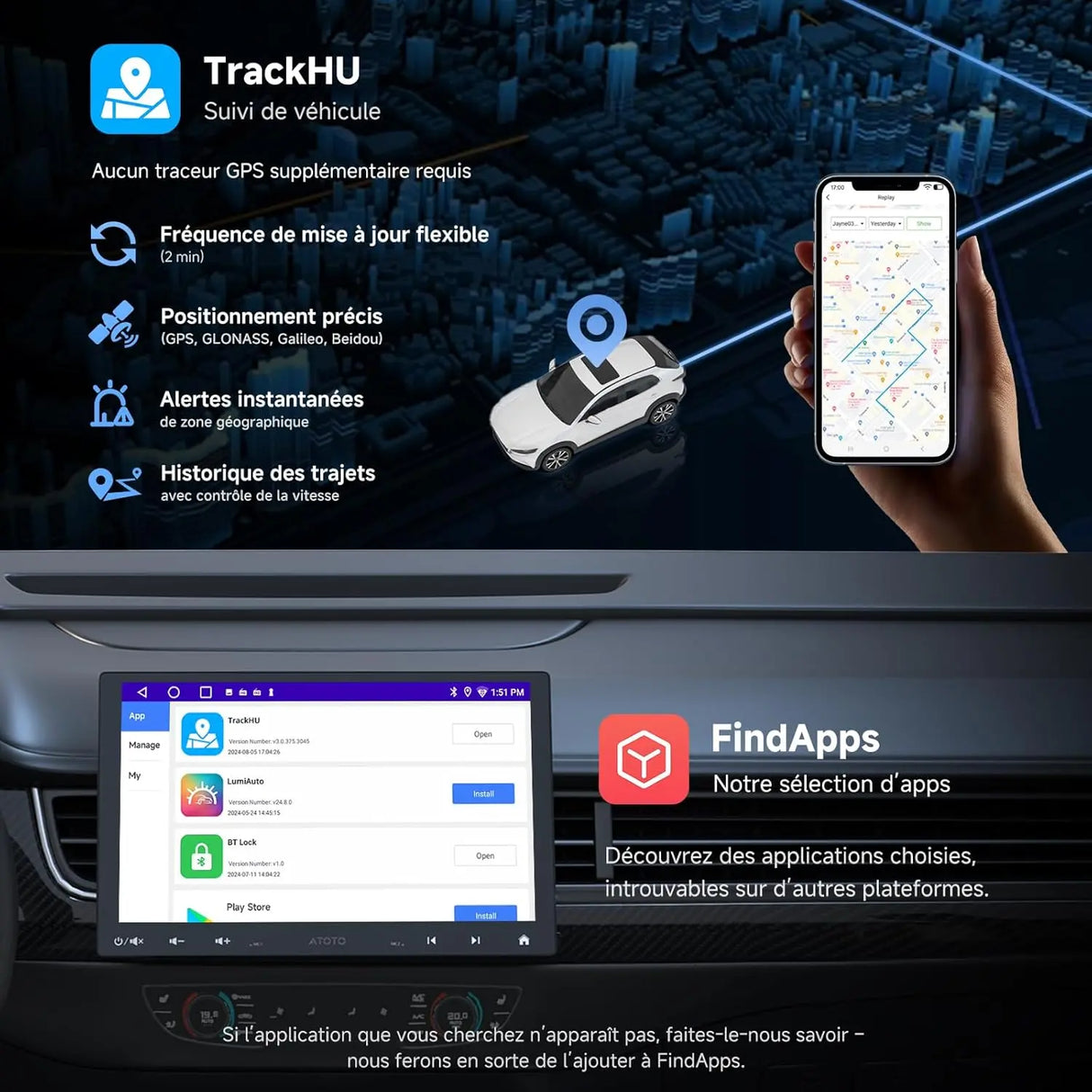 ATOTO A5LG110T Autoradio 1 DIN/2 DIN Android 10" avec écran flottant, caméra arrière, CarPlay et Android Auto sans fil, tethering WiFi/BT/USB, MirrorLink, DSP, FM/RDS, 2G+32G