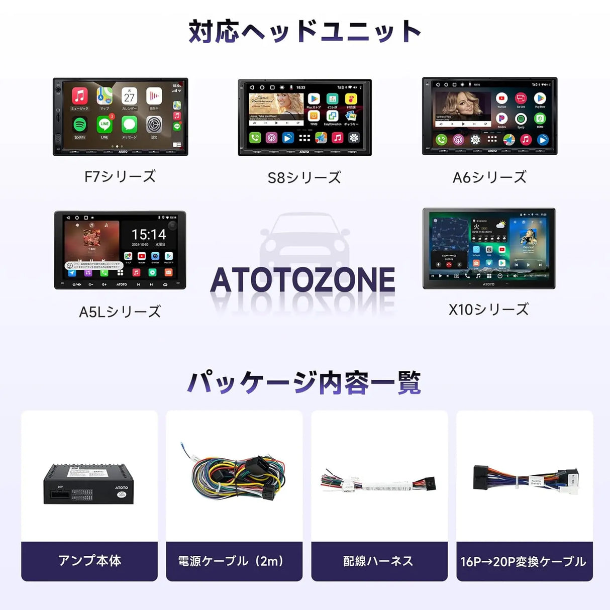 ATOTO CA-AEC122DL カーアンプ - クラスD 4チャンネル TI TPA3221、RMS 4x60W、6.5フィート電源ケーブル、カスタマイズ可能EQ、特定ATOTOZONEカーステレオと互換