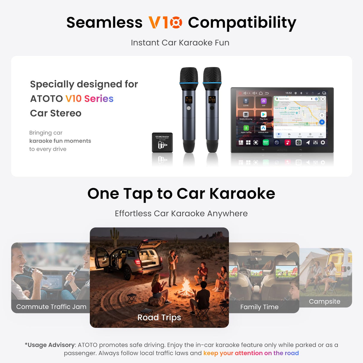 ATOTO AC-MICW2 Wireless Karaoke Microphone Kit – Dual Handheld Rechargeable Mics with Receiver, Low Latency, 49ft Range, 6H Playtime, Compatible with V10 Car Stereo