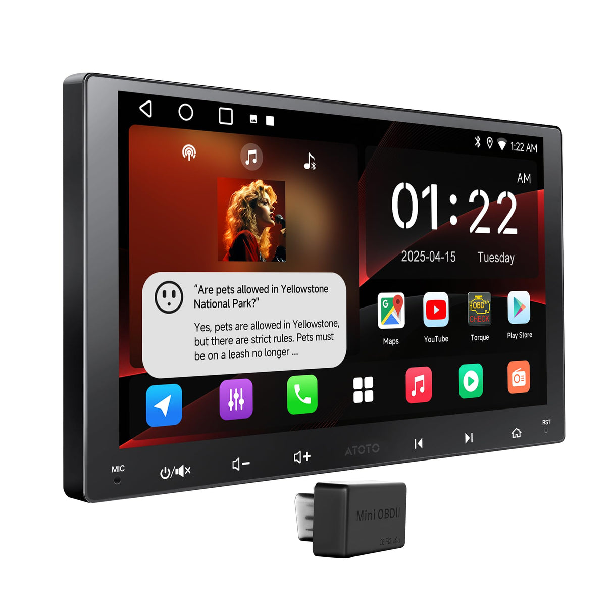 [9-Inch] ATOTOEXCEL Android Double Din Car Stereo Wireless CarPlay & Android Auto, OBD2 Scanner Car Radio with Wi-Fi/Bluetooth/USB, GPS Tracking, 24B EQ&DSP, Built-in AMP, HD LRV, Mirror Link