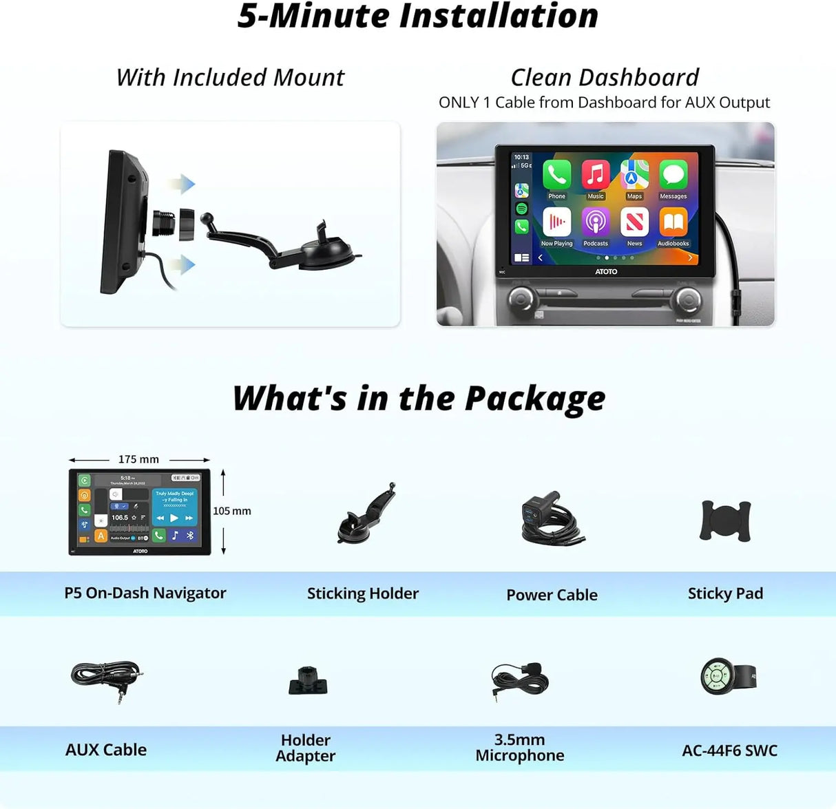 ATOTO P5 7" GPS für Auto – Fernbedienung, QLED-Touchscreen-Touchscreen, drahtloses CarPlay, Android Auto, MirrorLink, Bluetooth, AUX/FM-Versorgung, automatischer Dimmer, tragbares Autoradio