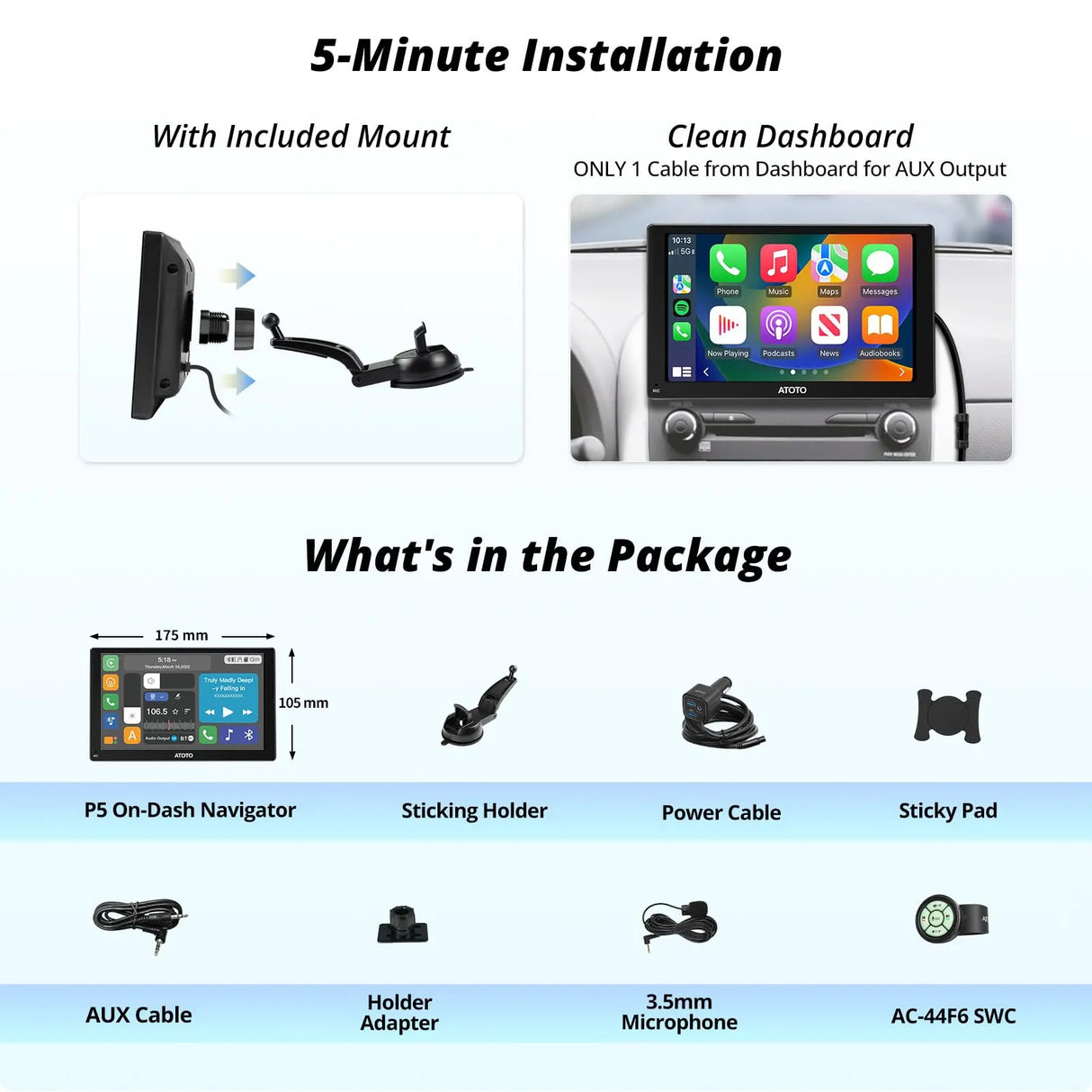 ATOTO P507SD 7″ Portable CarPlay Screen with Remote Control – QLED Touchscreen, Wireless CarPlay & Android Auto, Bluetooth, Auto-Dimmer, GPS Navigation, MirrorLink, AUX/FM/MIC