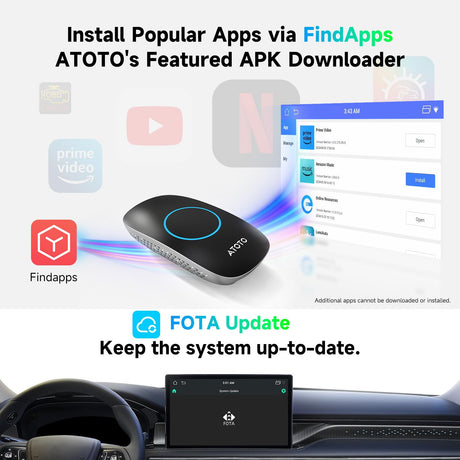 ATOTO CB4DT Wireless CarPlay Adapter, AI Box Android Auto 5-in-1 Video Box with YouTube, HDMI Output, Dual Bluetooth/WiFi, 4GB+32GB (Up to 256GB), DriveChat, Plug & Play, Stable Low-Latency Connection