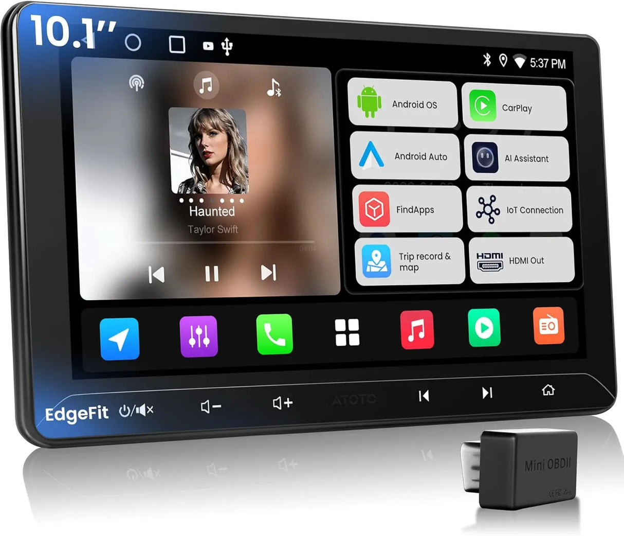 ATOTO A5LG211T 10.1" 2 Din Android Autoradio Bluetooth, Wireless CarPlay & Android Auto, OBD Scanner, 24-Band EQ, WiFi/BT/USB Tethering, 2G+32G, GPS Tracker, MirrorLink