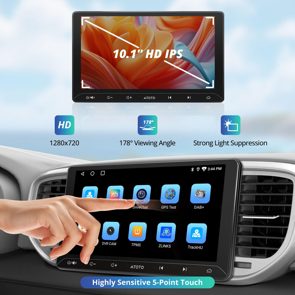 ATOTO A5L 10.1" Android Radio Coche 2 DIN con CarPlay y Android Auto Inalámbricos, OBD Integrado, GPS, WiFi/BT/USB Tethering, 2G+32G, EQ de 24 Bandas, DSP, FM, MirrorLink