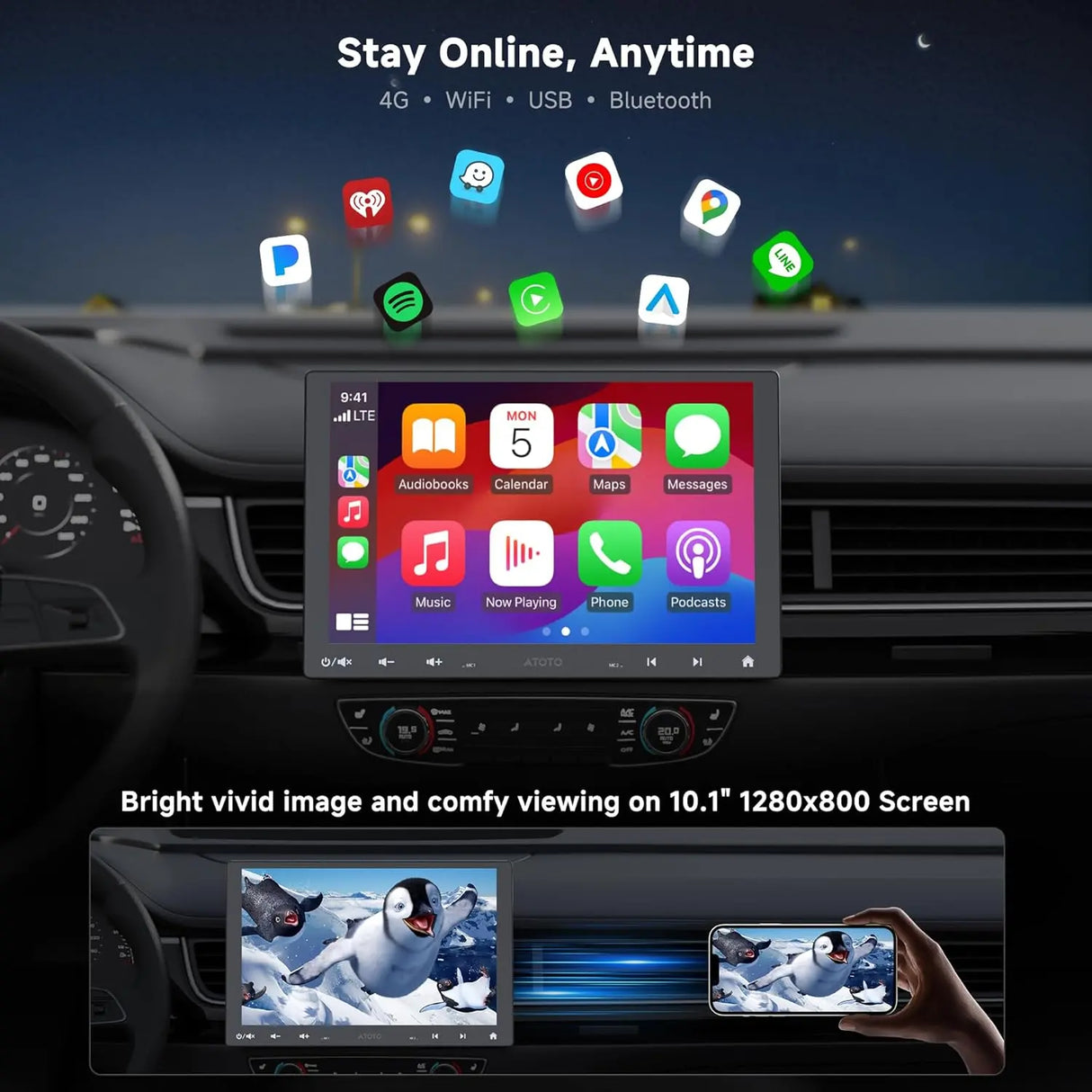 ATOTO S8G1104MS 10.1" Floating Screen Android Head Unit, Single-DIN & Double-DIN Car Stereo, 4G+32G, 4G LTE, Wireless CarPlay & Android Auto, ChatGPT AI, Dual Bluetooth, SCVC/LRV, 36-Band EQ & DSP