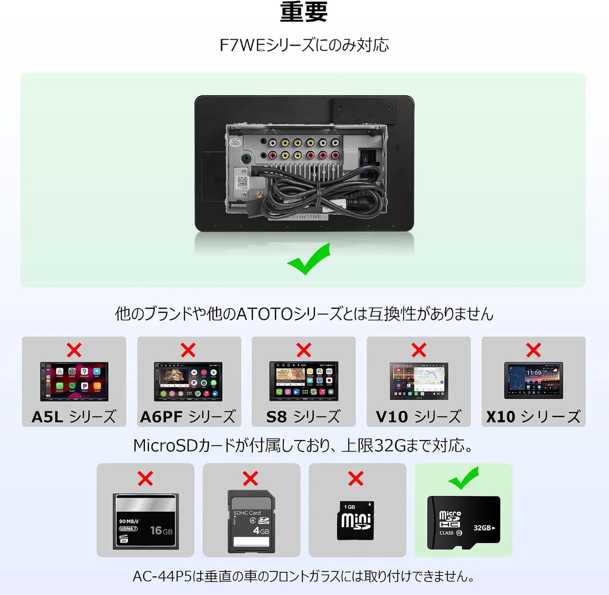 ATOTO AC-44P5 HD 720P フロントDVRカメラ、140°の広視野角、最大128GBのストレージに対応、ATOTO F7WEシリーズの一部モデルのみに対応