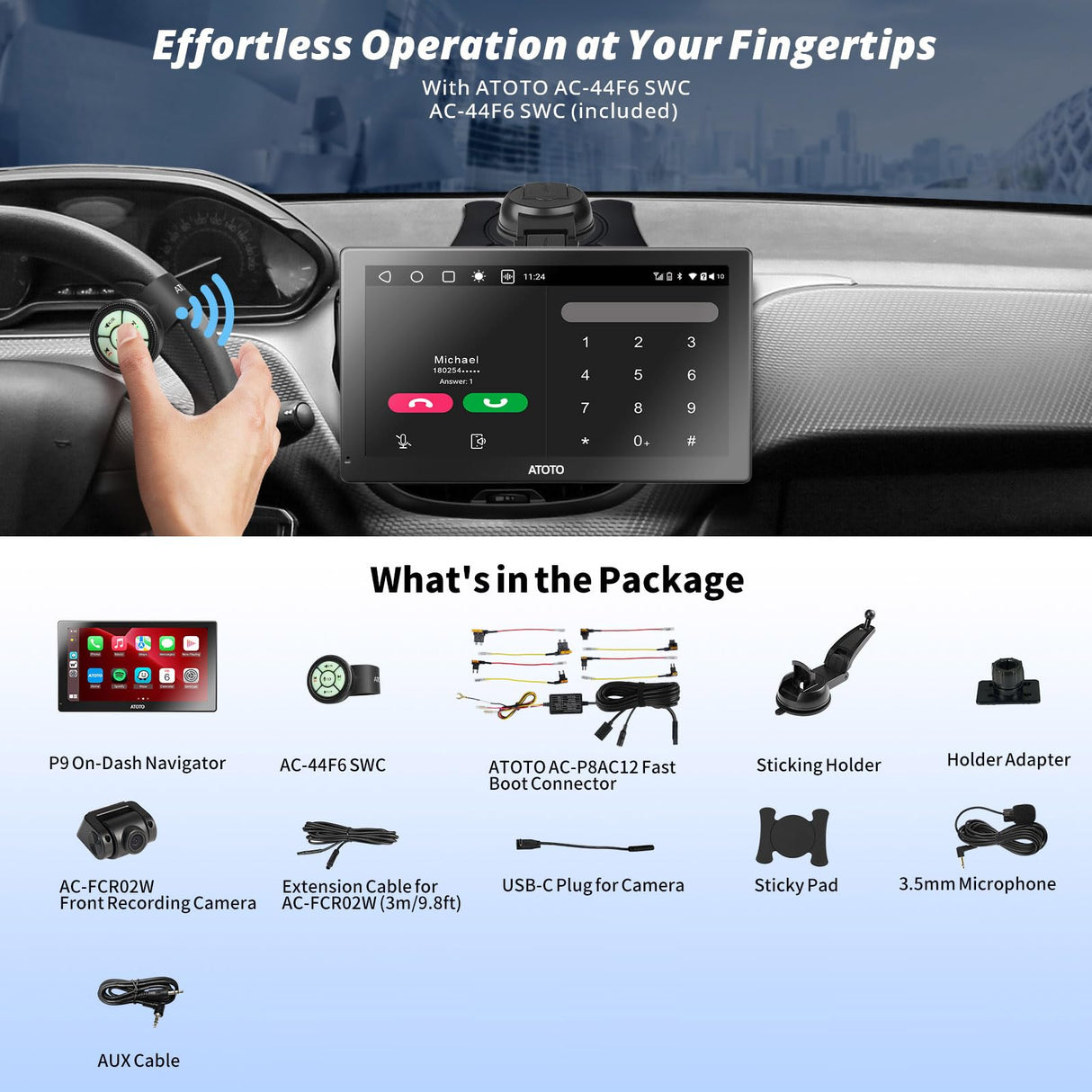 ATOTO P9 9" QLED Lettori DVD Android Autoradio Portatile, 4G+32G, CarPlay Senza Fili &amp; Android Auto, 4G LTE, Tracciamento GPS, Bluetooth, Frontkamera 1080P, HDMI-Unterstützung, P909PR-S1