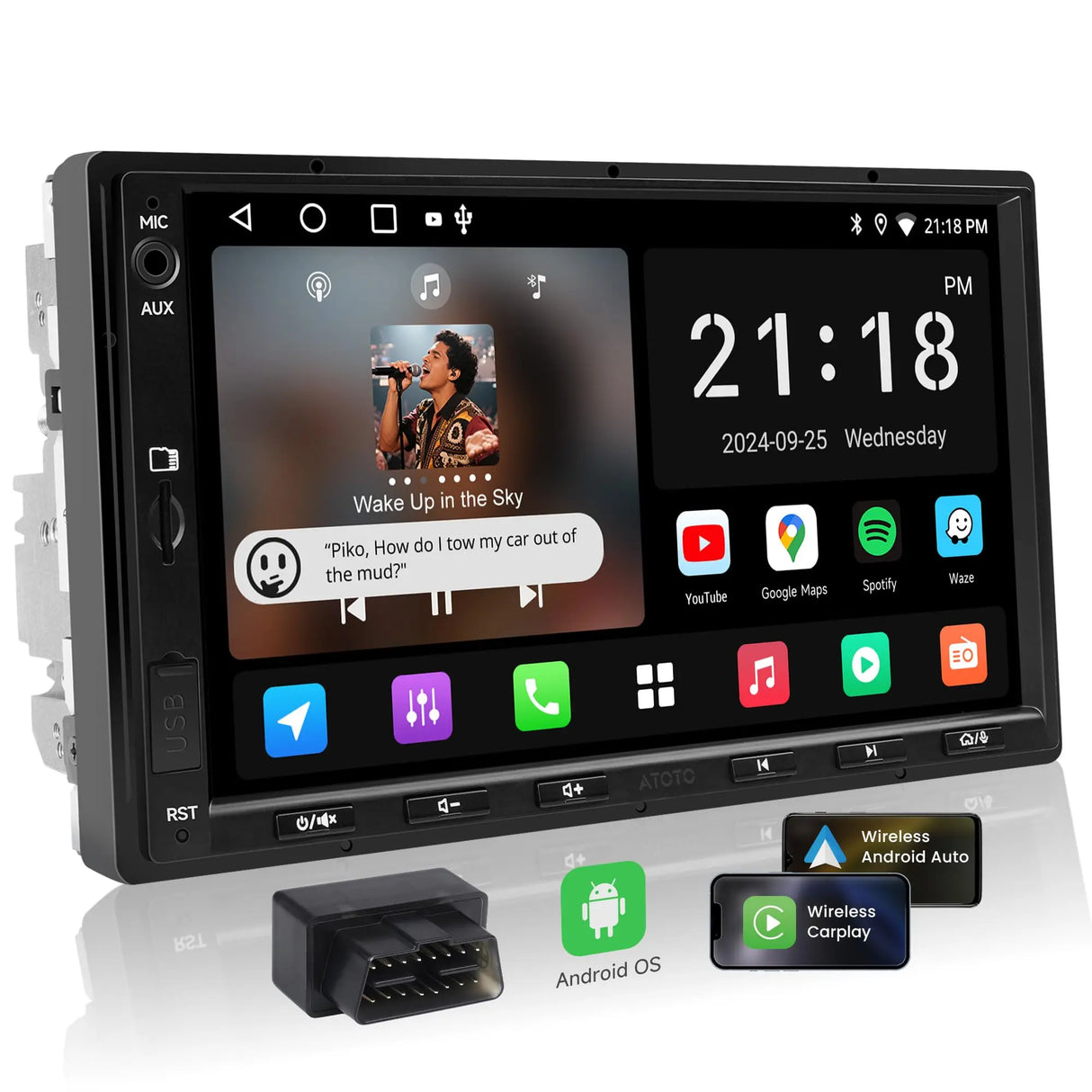 ATOTO A5LG2A7T-S04 7inch Android Double DIN Car Stereo with OBD2 Scanner, Wireless CarPlay & Android Auto, 24 Band EQ, DSP, WiFi/BT/USB Tethering, 2G+32G Touchscreen Radio, AI Chat, MirrorLink, GPS/FM/AM (Refurbished)