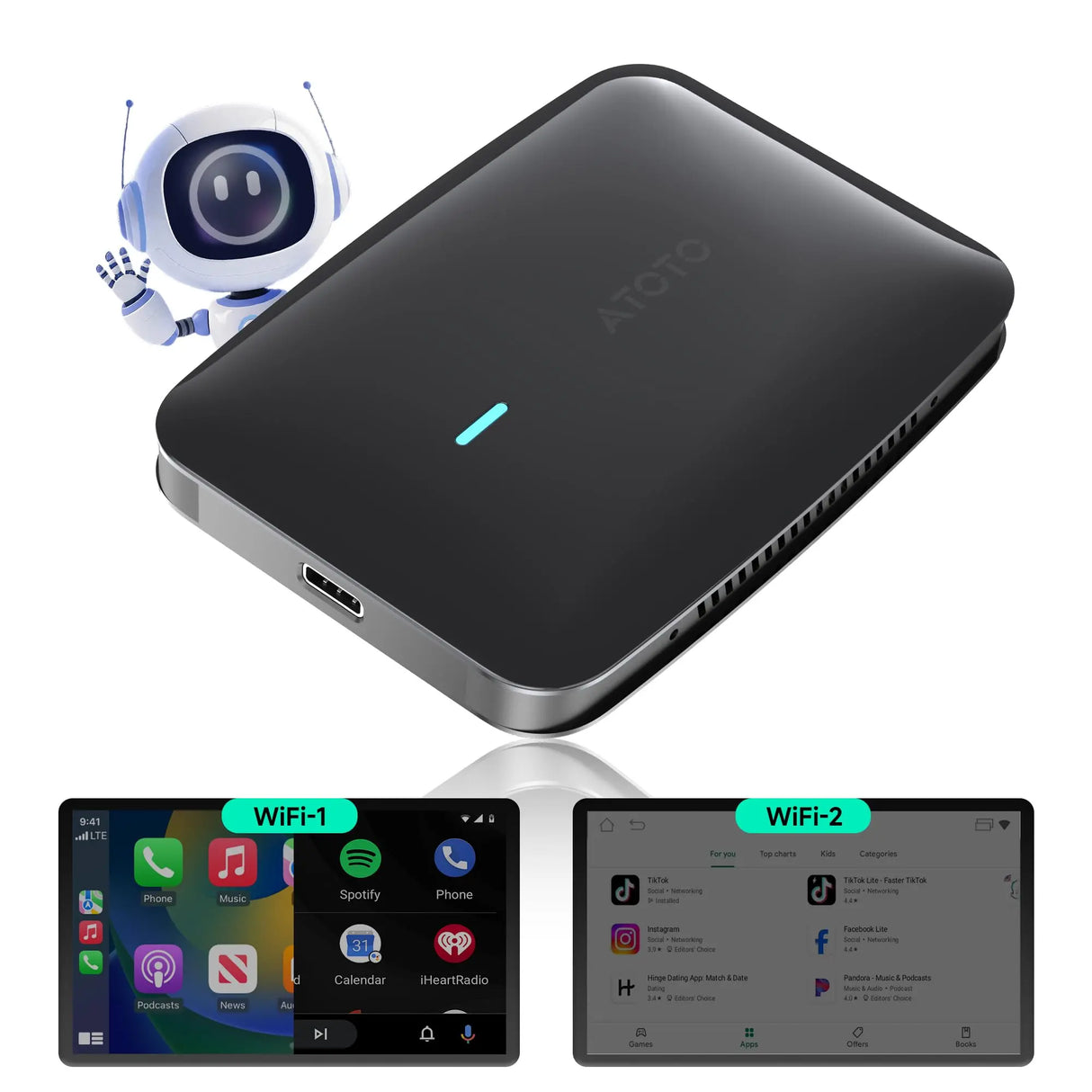 ATOTO CB4B Wireless CarPlay Adapter – Dual WLAN, Dual Bluetooth, 128GB TF-Karte, 4GB+32GB, Plug &amp; Play Android AI Box mit KI-DriveChat, Netflix/YouTube, Schwarz 