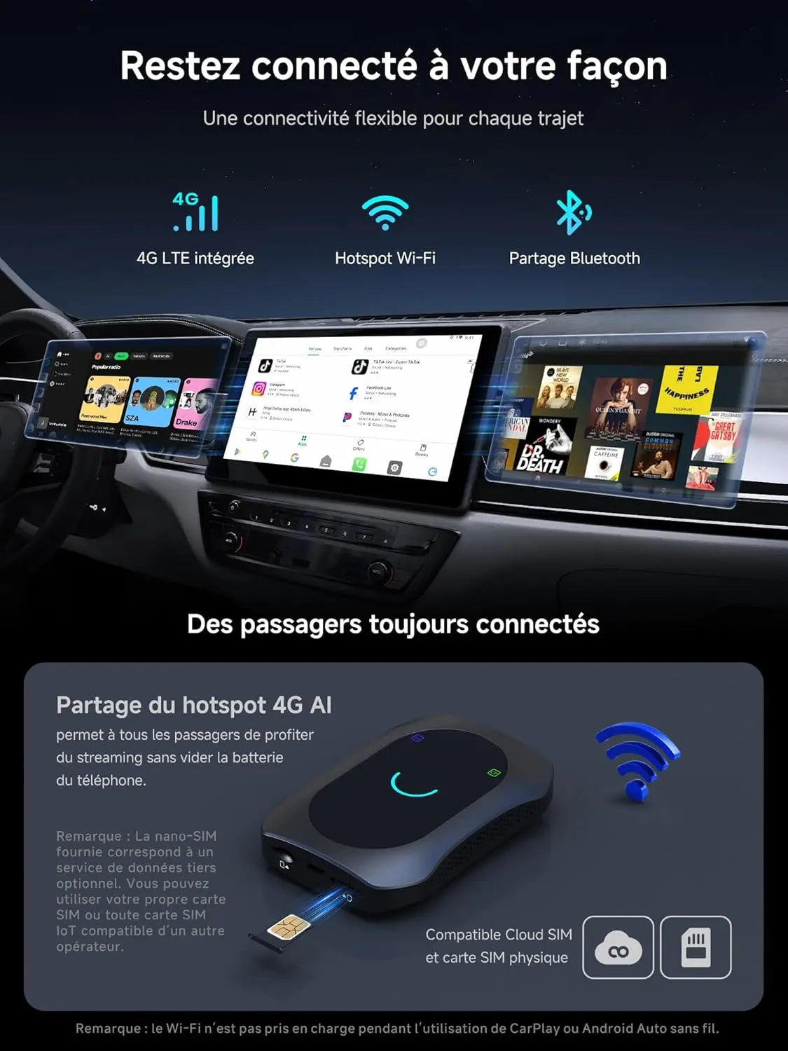 ATOTO CB7SBX CarPlay Wireless Adapter Android Auto AI Box, HDMI In/Out, Android 8GB+128GB, 4G LTE, Dual Bluetooth, DriveChat, AI Box for Netflix/YouTube/TikTok/TF Card
