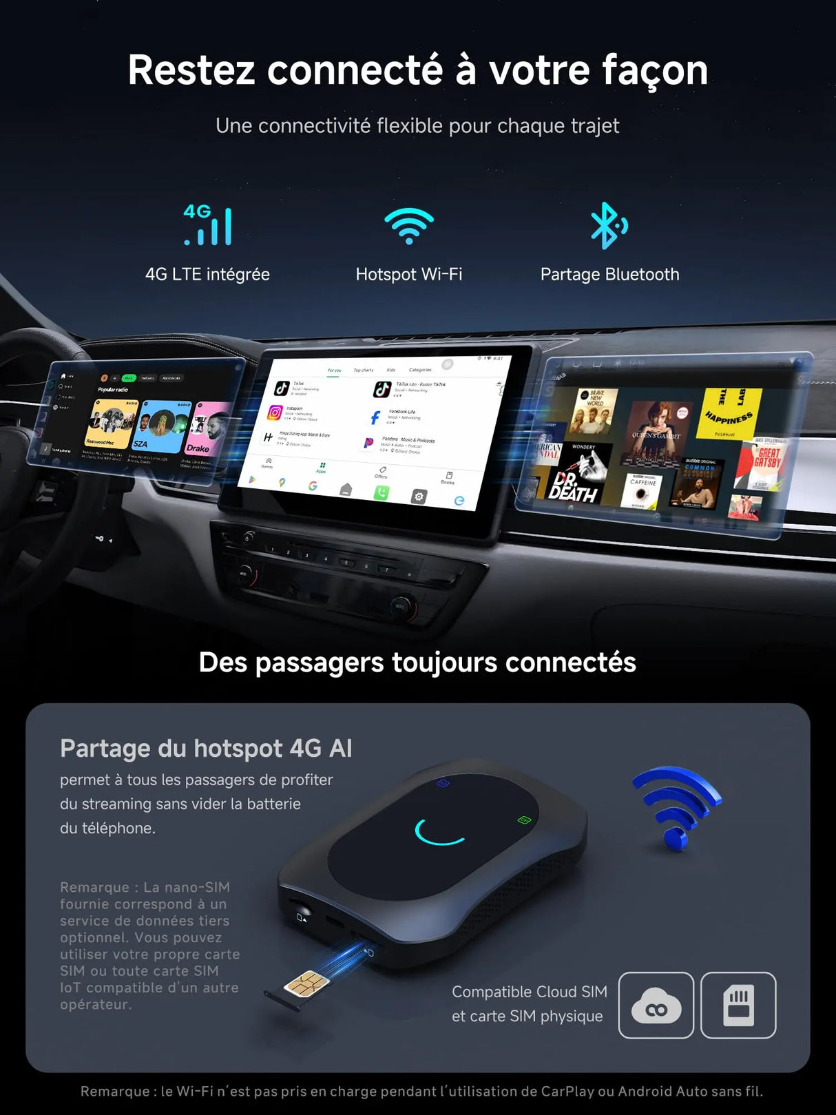 ATOTO CB7SBX Adaptateur CarPlay sans fil Android Auto AI Box, HDMI In/Out, Android 4Go+64Go, 4G LTE, Double Bluetooth, DriveChat AI, Netflix YouTube TikTok
