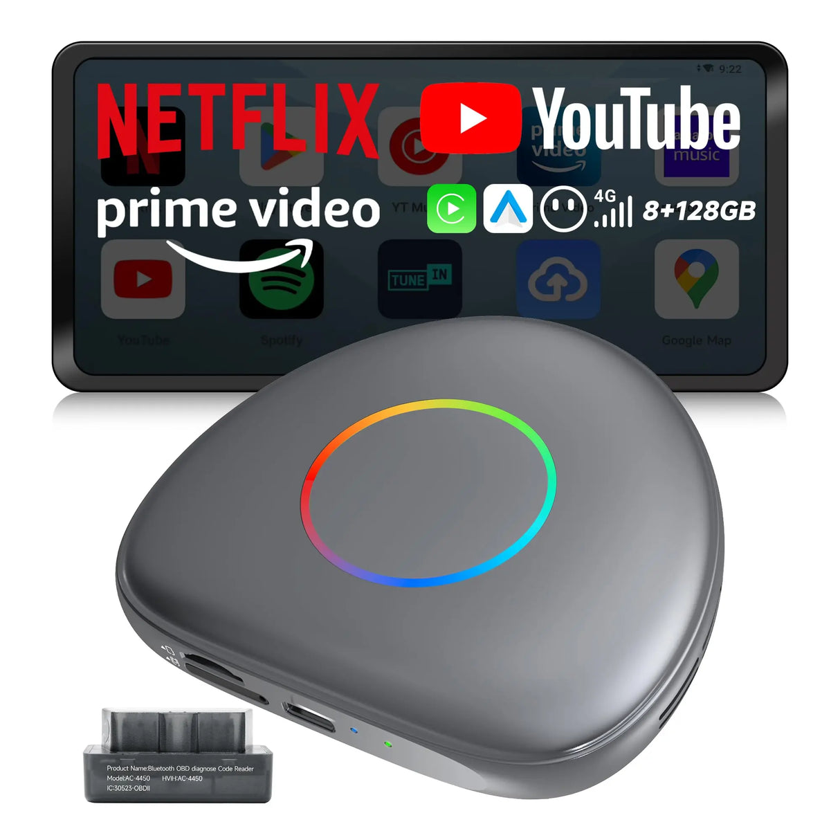 ATOTO CarWave CB6D Magic Box 8GB+128GB ワイヤレスCarPlay & Android Auto対応 | Android 13, 4G LTE, GPS, AIアシスタント, YouTube & Netflix対応, OBD & MicroSD対応, デュアルBluetooth, グレー