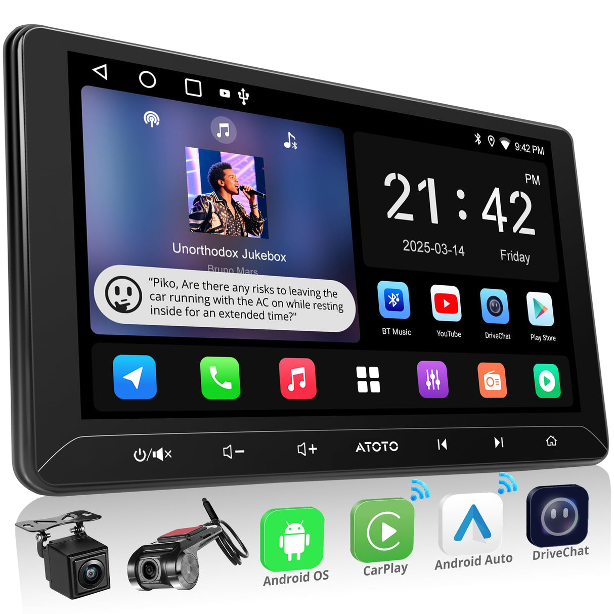 ATOTO A5LG211T 10.1" Android Double Din Radio with Wireless CarPlay/Android Auto, LRV Backup Camera & DVR Dashcam, WiFi/Bluetooth/USB Tethering, 2+32GB, 24-Band EQ & DSP, SWC/FM, MirrorLink, AI Chat