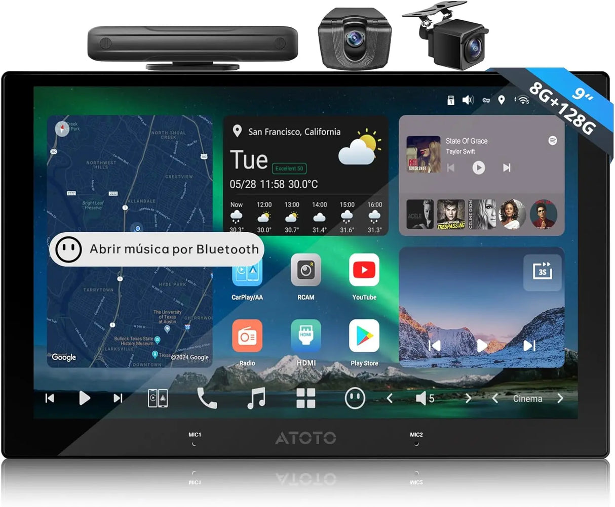 ATOTO X10G209E Autoradio Double Din 9 Pulgadas X10 – Entrada Cámara Delante y Detrás 1080P, Pantalla Táctil QLED, 8GB+128GB, CarPlay Inalámbrico, Android Auto, 4G LTE, Wi-Fi, Bluetooth, DSP, AMP, Subwoofer, GPS