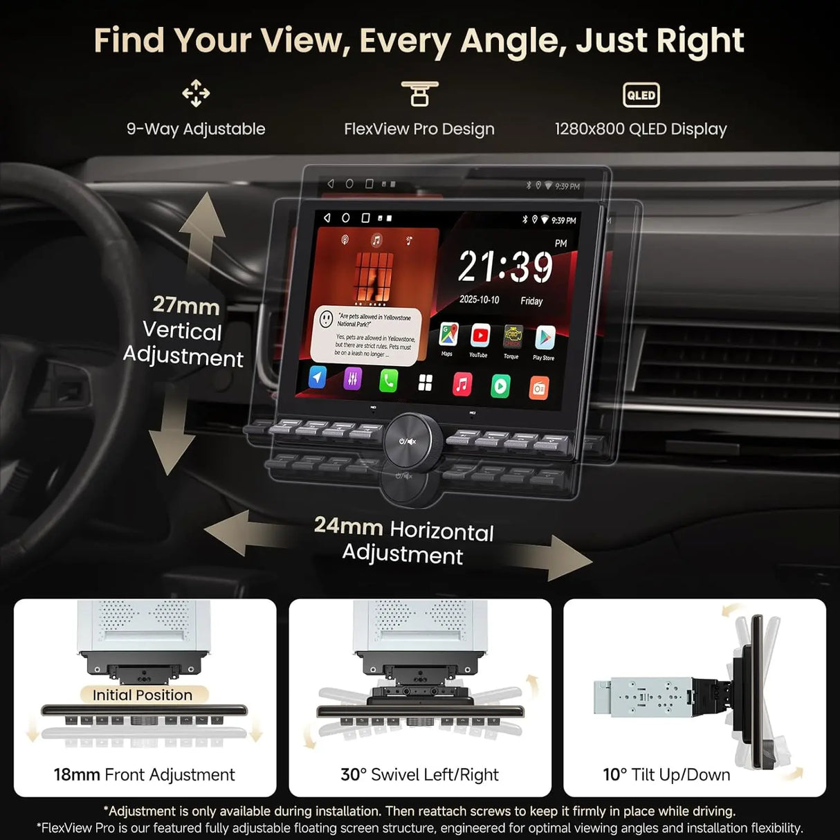 ATOTO A5LG110PT 10.1" QLED Floating Single & Double DIN Head Unit, Wireless CarPlay & Android Auto, Dual HDMI, Physical Buttons, AI DSP, GPS, Wi-Fi/USB Tethering, Split-Screen, 2G+32G
