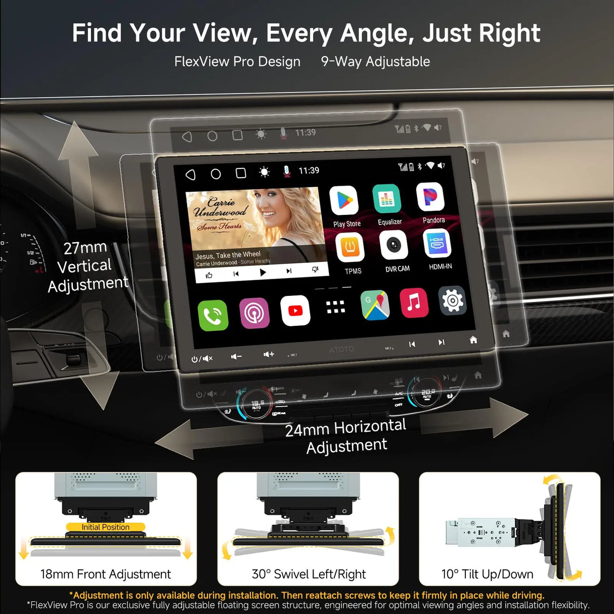 ATOTOZONE Android Autoradio 10 pollici 1 DIN & 2 DIN, Stereo Auto con Schermo Flottante, 4G LTE, Wireless CarPlay&Android Auto Senza Fili, Wi-Fi/Bluetooth/USB, DSP/SCVC/LRV, 4G+32G, S8G1104MS