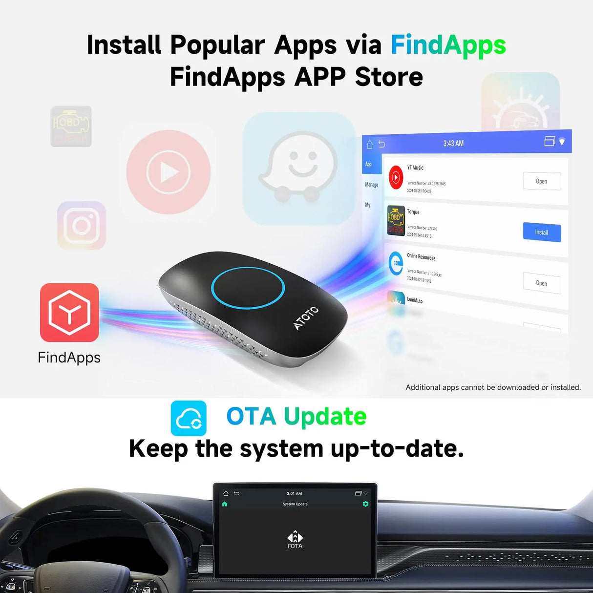 ATOTO CarWave CB4DT Wireless CarPlay Adapter Ai Box with OBD2 Scanner Car Video Streaming Plug & Play for iPhone & Android Auto with ChatGPT Supports YouTube Netflix 256GB Max HDMI