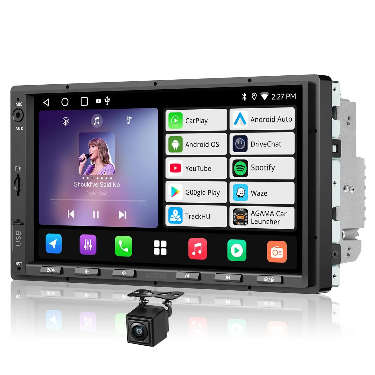ATOTOZONE 7inch Android Double DIN Car Stereo & Backup Camera, Wireless CarPlay& Android Auto Touchscreen Head Unit, WiFi/Bluetooth/USB, 2G+32G,MirrorLink, 24B-EQ DSP, FM/AM/SWC,GPS Tracking &AI Chat