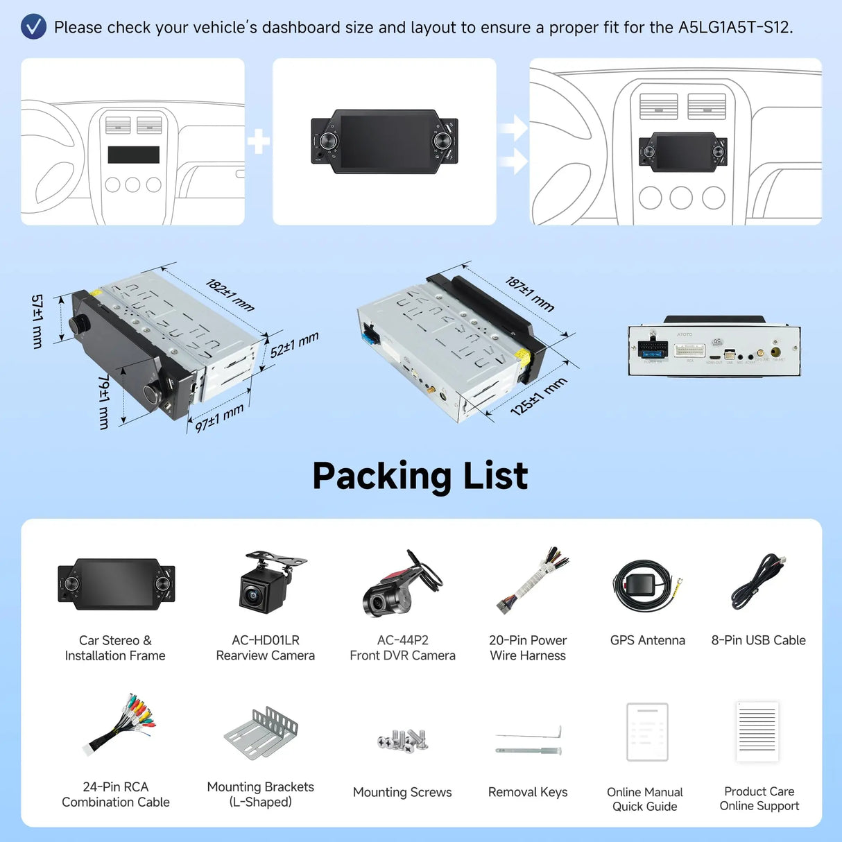 ATOTO A5LG1A5T 5" Single Din Bluetooth Car Stereo with Front Dashcam & Backup Camera, Wireless CarPlay/Android Auto, GPS, Wi-Fi, USB Fast Charging, AUX/SD