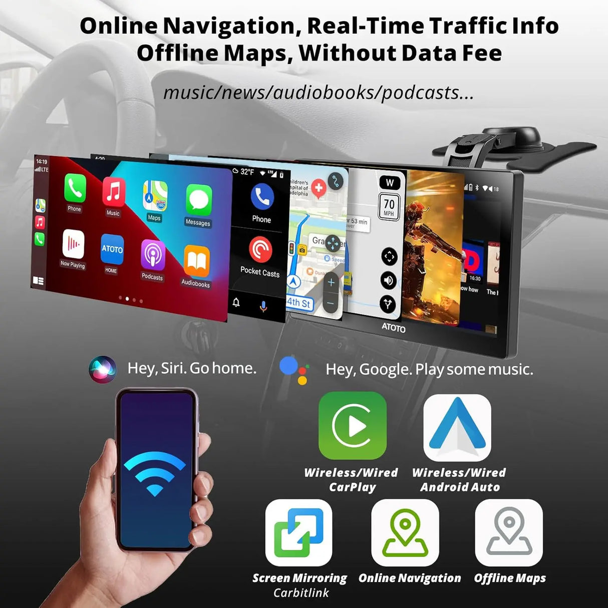 ATOTO 9" GPS Per Auto – Telecamera Retrovisiva HD 1080P, QLED Android Autoradio Portatile, 4G+32G, CarPlay e Android Auto Senza Fili, 4G LTE, 2 Bluetooth, HDMI Supportato, Tracciamento GPS