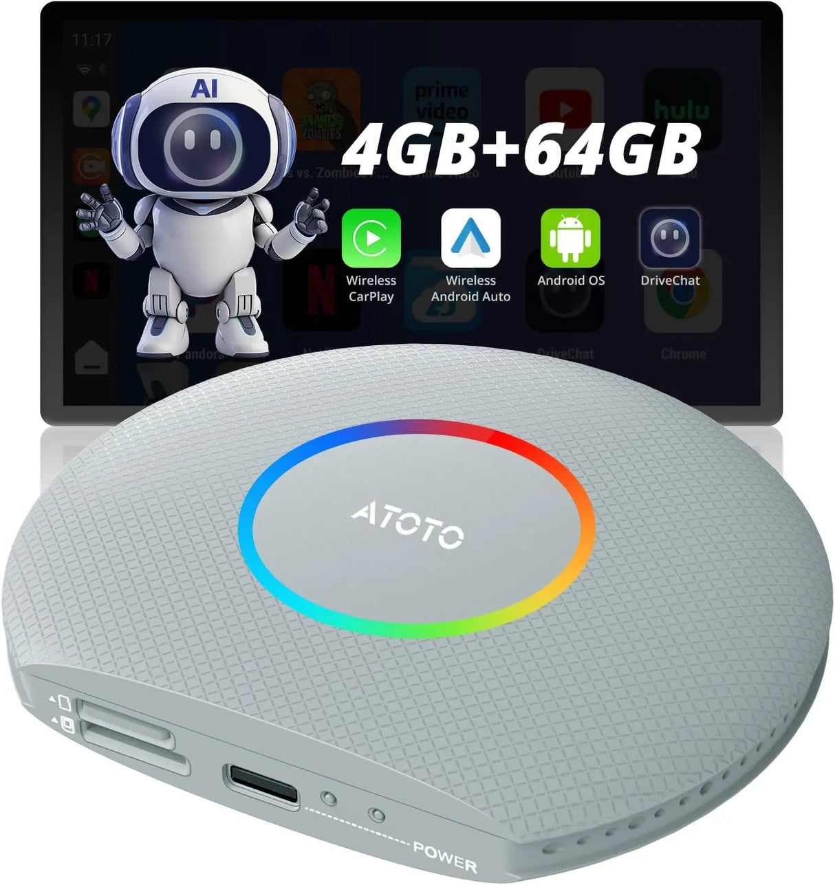 ATOTO CB6A Adattatore CarPlay Wireless – 4GB+64GB, Bluetooth, GPS Tracking, Dongle AI Vocale Intelligente, Compatibile con molte APP, CarPlay/Android Auto Wireless
