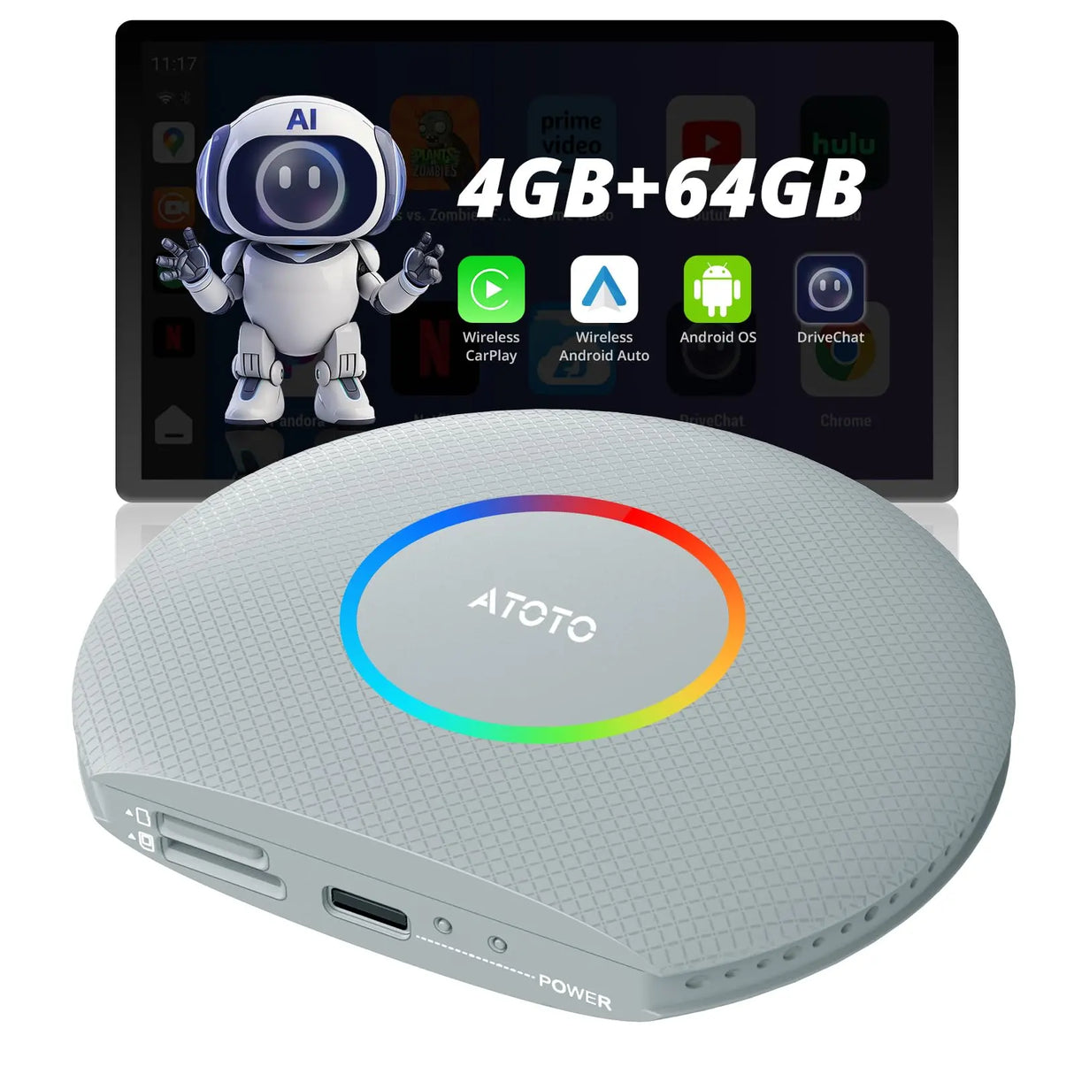 ATOTO CB6 CarPlay Wireless-Adapter – 4 GB + 64 GB, Bluetooth, GPS-Tracking, intelligenter AI-Sprach-Dongle, kompatibel mit mehreren APPs, CarPlay/Android Auto Wireless