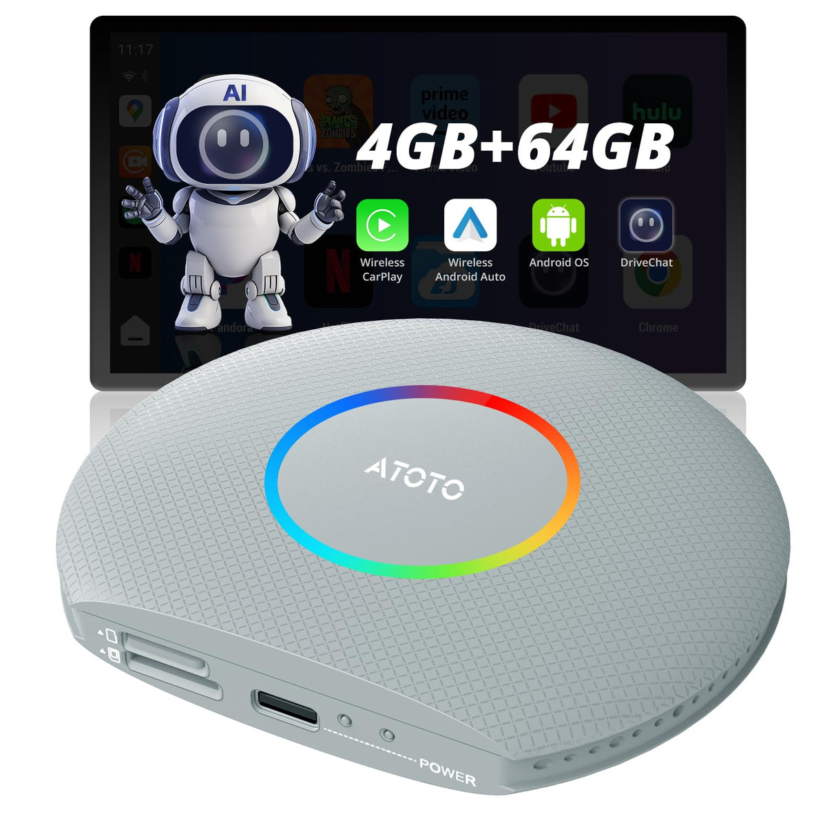 ATOTOZONE CB6 CarPlay AI Box&Android AI Box, Wireless CarPlay/Android Auto Adapter, Plug & Play CarWave Car Smart Box with AI DriveChat, GPS Track, Android 13, 2 BT, 4G LTE, 4G+64G, Silver