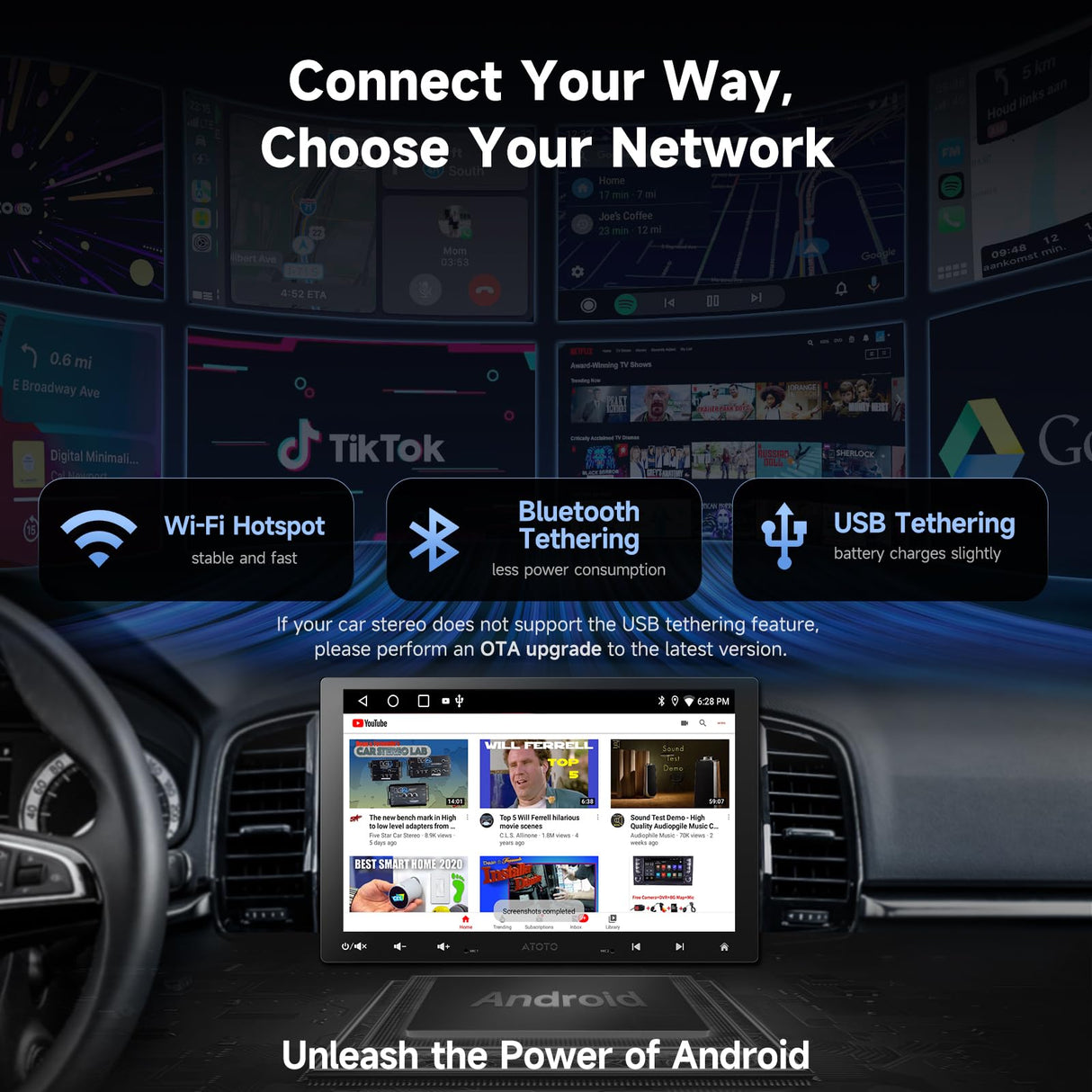ATOTO A5LG110T 10" Android Double Din & Single Din Car Stereo, Floating QLED Touchscreen Radio with Wireless CarPlay & Android Auto, Backup Camera, HD LRV, DSP, WiFi/BT/USB