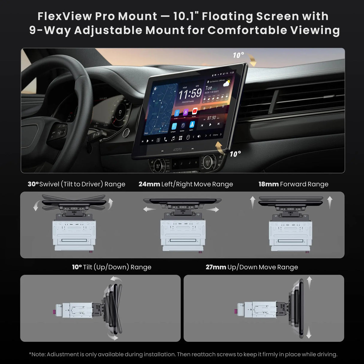ATOTO X10G110E 10.1" Android Car Stereo with Wireless CarPlay & Android Auto, QLED Floating Touch Screen, Dual 1080P Dash Cam, 8GB RAM, 128GB ROM, DSP 7.1.2 Sound, WiFi/Cellular