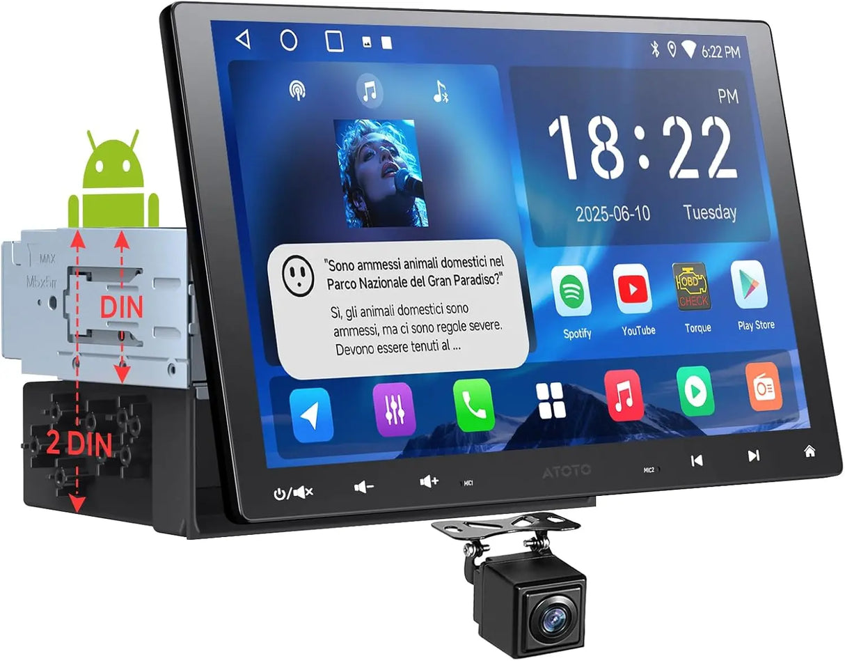 ATOTO A5LG110T 10" Autoradio 1 DIN/2 DIN Android con schermo flottante, telecamera posteriore, CarPlay e Android Auto senza fili, tethering WiFi/BT/USB, MirrorLink, DSP, FM/RDS, 2G+32G