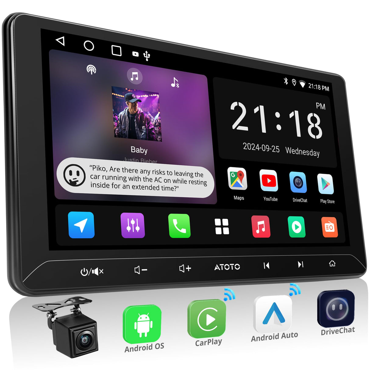ATOTOLIFE A5L 10inch 2G+32G Android Double Din Car Stereo with Backup Camera, Wireless CarPlay & Android Auto in-Dash Navigation, WiFi/Bluetooth/USB Tethering, DSP/FM/AM, MirrorLink, AI Dialogue