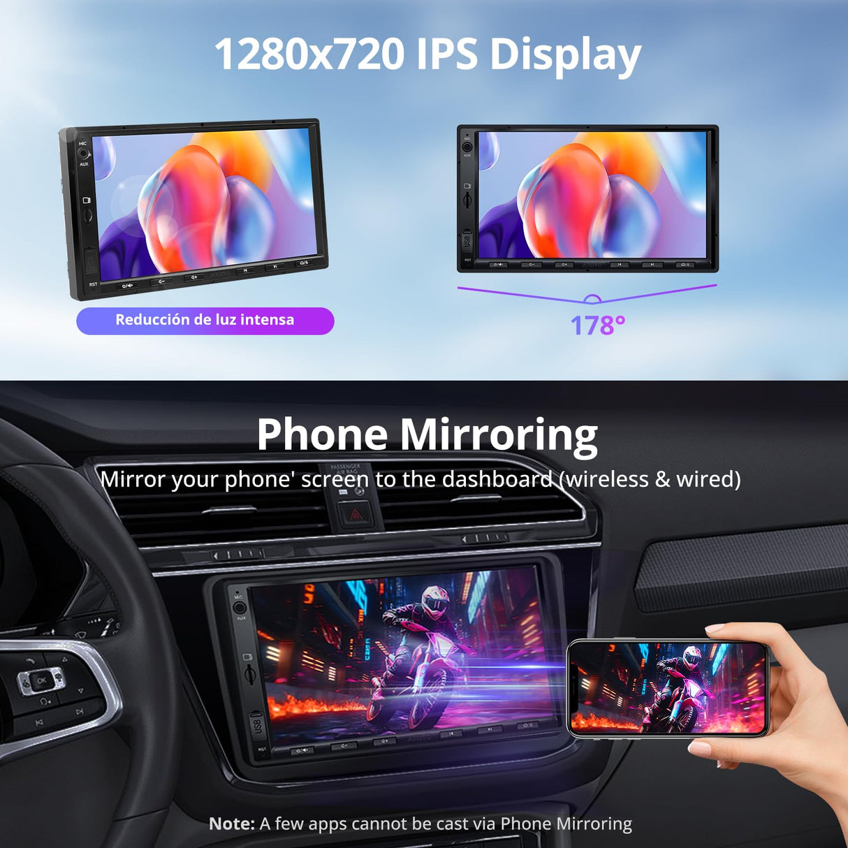 A5L 7" Double Din Car Stereo with Wireless CarPlay & Android Auto Compatible with VW Volkswagen Jetta/Tiguan/Golf/Passat, Wi-Fi/BT Tethering, 24 Band EQ DSP, Bluetooth, Mirror Link, 2G+32G, FM/AUX/TF