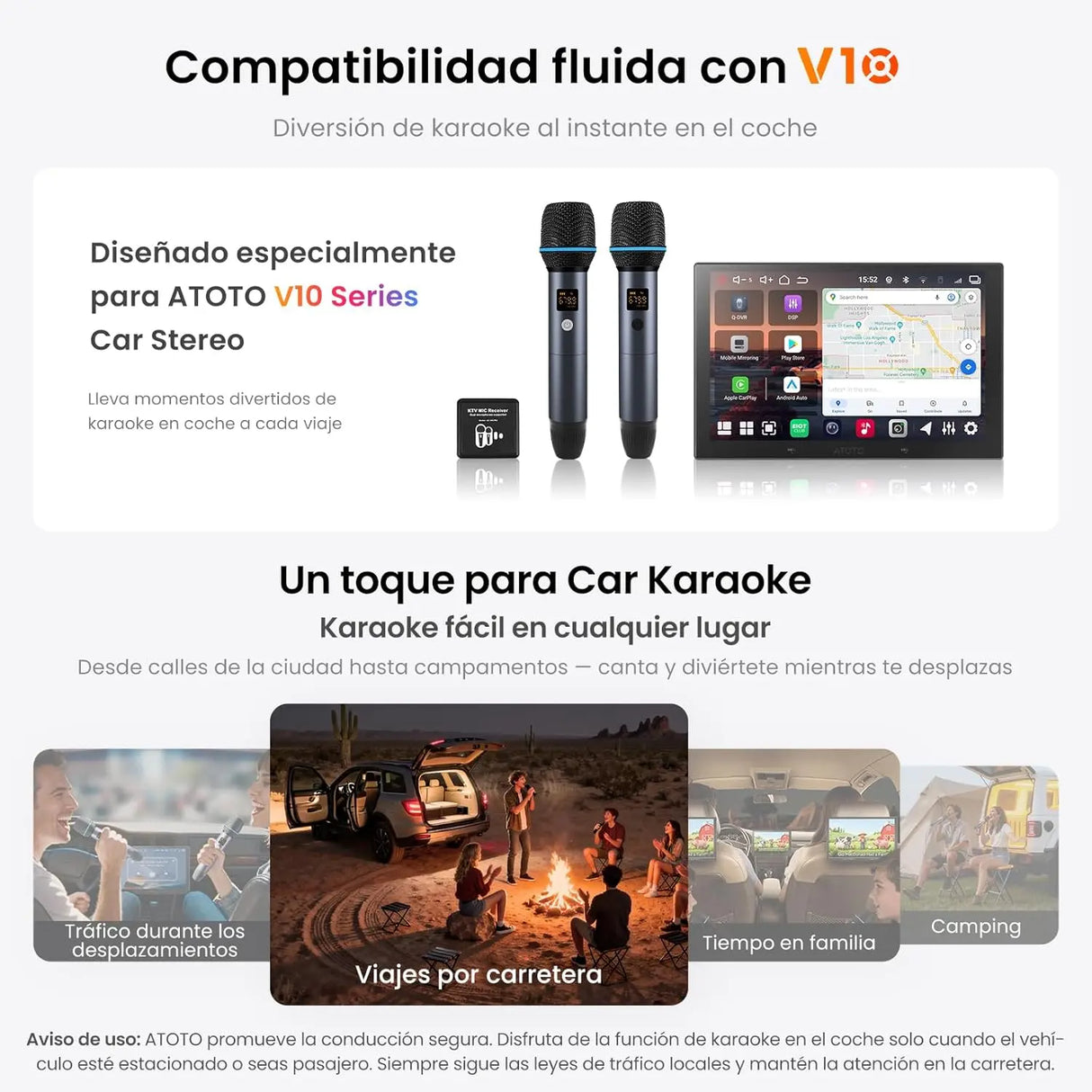 ATOTO AC-MICW2 Kit de Micrófonos Inalámbricos – 2 Micrófonos de Mano Recargables con Receptor, Baja Latencia, Alcance 15 m, 6h Duración, Compatible con Autorradios Serie V10 para Karaoke
