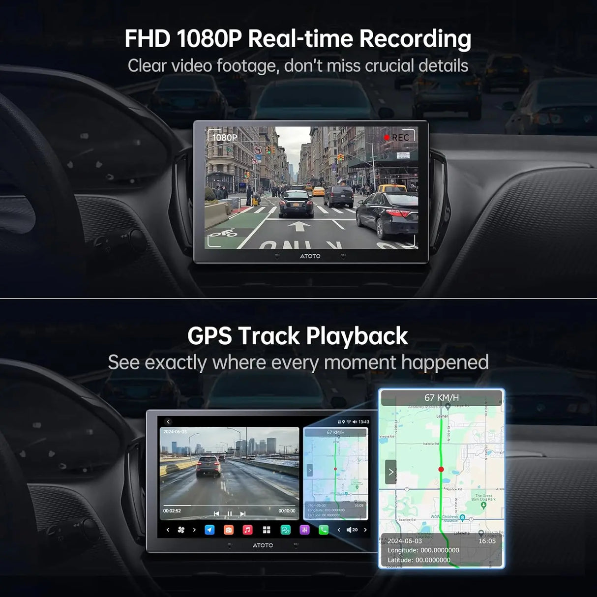 ATOTO AC-FHD02DV 1080P Dash Cam, GPS Playback, 136° Wide, WDR, Night Vision, 24H Parking, G-Sensor, Loop Record, Outage-Proof, 128GB Max, X10 Series Only