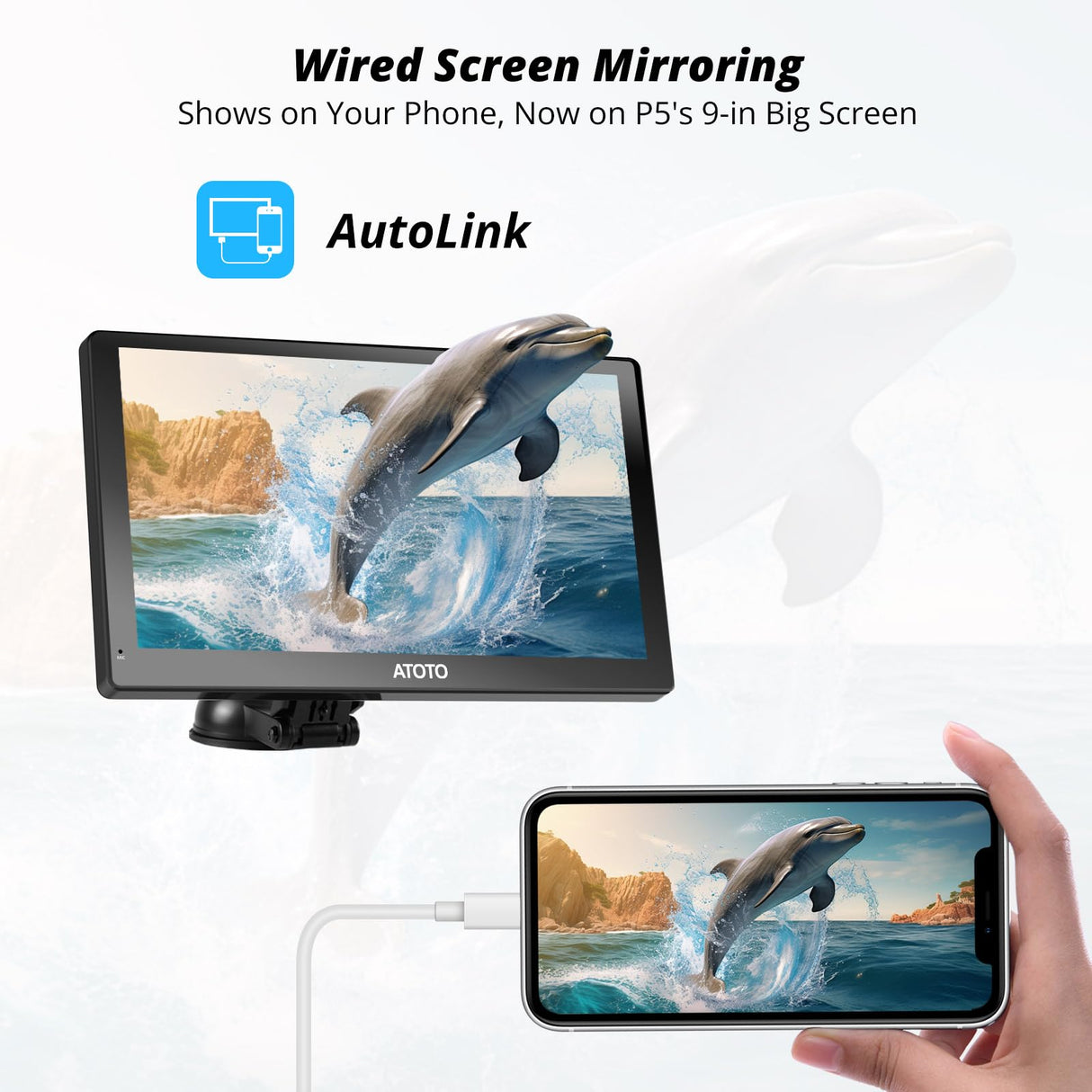 ATOTO P5 9-Zoll QLED CarPlay Display Tragbares Autoradio, Wireless CarPlay&Android Auto, QLED Blendfreies Touchscreen, Bluetooth, MirrorLink,Automatische Dimmfunktion, AUX/FM-Ausgang, GPS Navi, P509SD