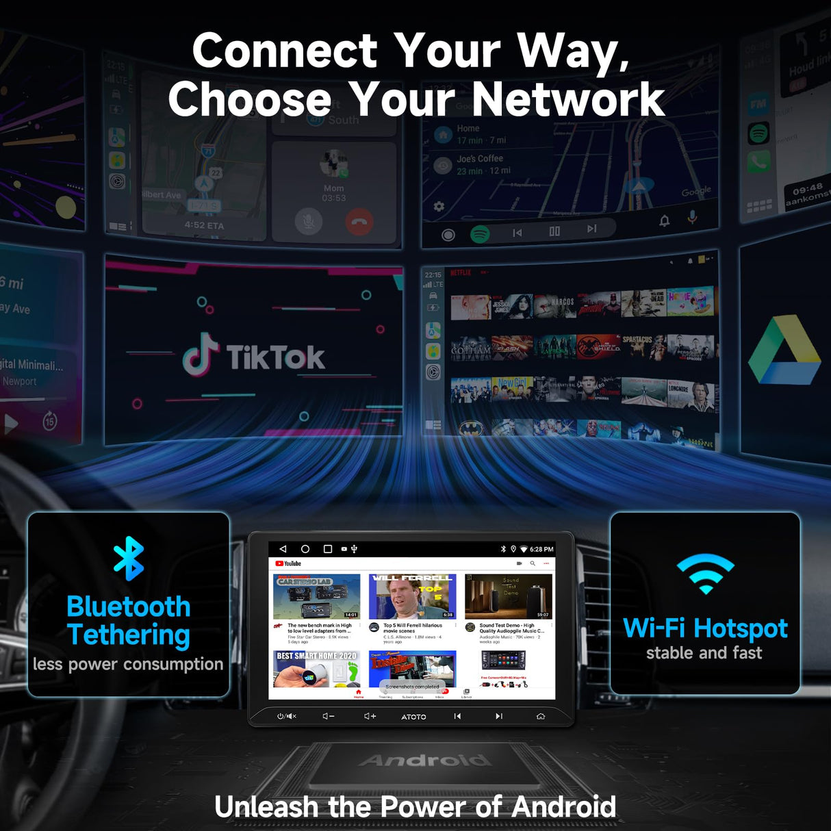 ATOTOZONE A5L 10,1" Android Autoradio Doppel-Din-Radio, WiFi/BT-Tethering, Android Auto &amp; CarPlay kabelloser Touchscreen, Bluetooth, digitaler Media-Receiver, MirrorLink, 2G+32G, 24-B EQ DSP, FM/USB/TF