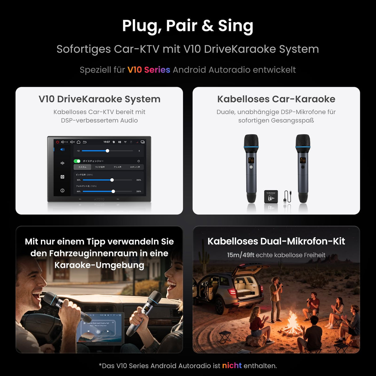 ATOTOEXCEL Drahtloses Mikrofon-Set, Zwei wiederaufladbare Handmikrofone mit Empfänger, 15m Reichweite, 6h Betrieb, Kompatibel mit V10-Serie Autoradios für Karaoke-Partys