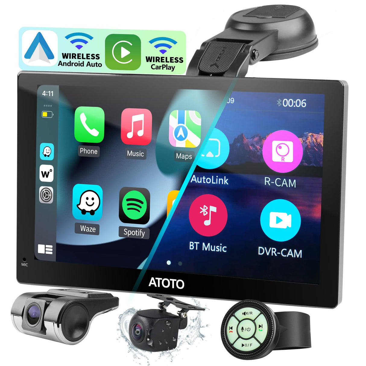 ATOTO P5 9'' Portable Car Stereo,CarPlay & Wireless Android Auto Touch Screen, Dash Cam,1080p Backup Camera,AUX/FM, SWC