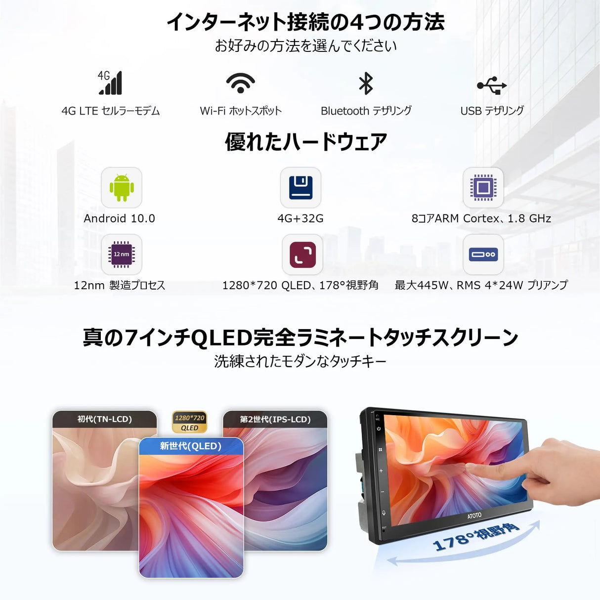 ATOTO S8G2C74MS 7インチ 2DINディスプレイオーディオワイヤレスCarPlay/Android Autoカーナビ - QLEDタッチスクリーン、4GB+32GBメモリ、4G SIM LTE/WiFi対応、内蔵GPS、Bluetooth 5.0、HD LRV、YouTube再生可能