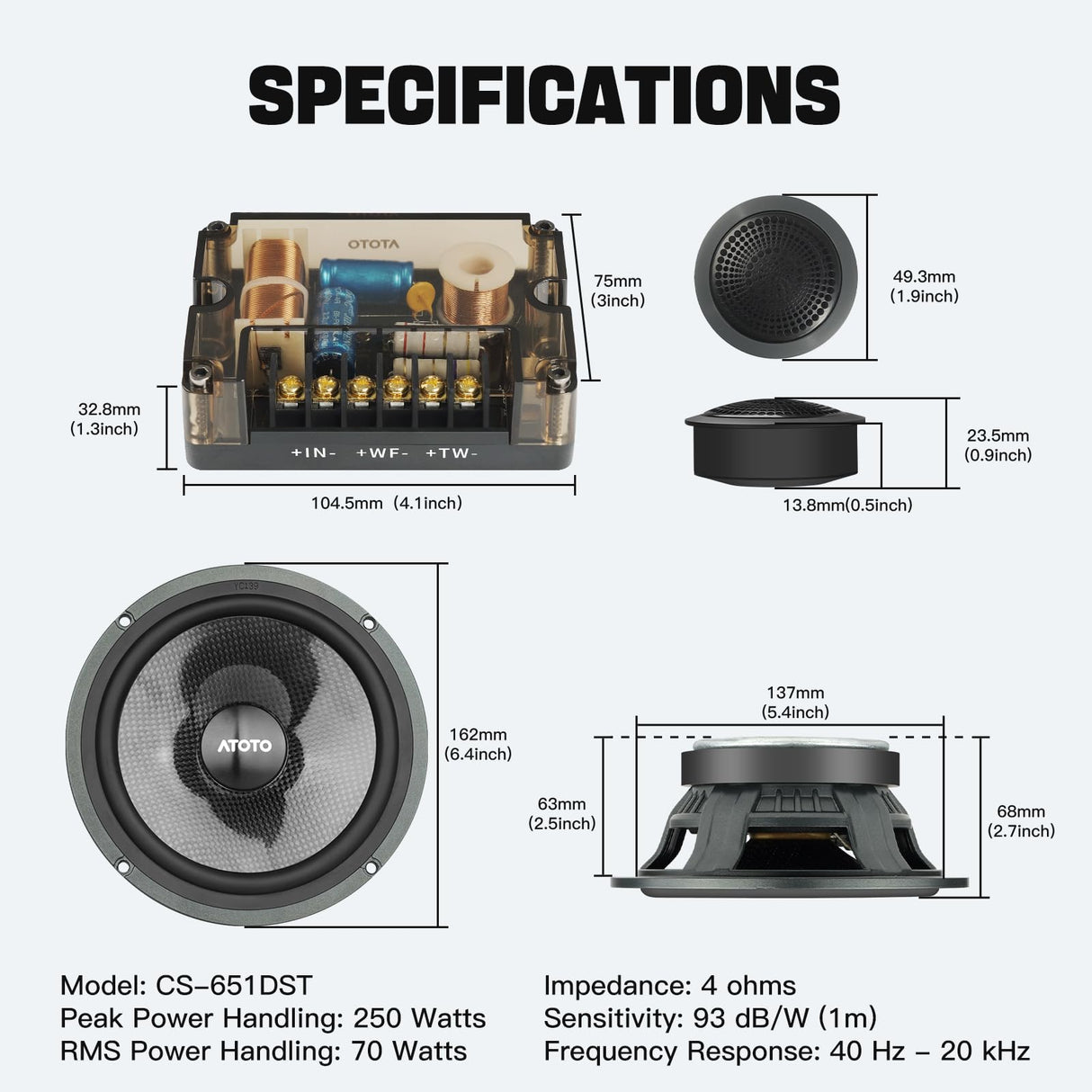 ATOTO CS-651DST 6.5 Inch 2-Way Car Component Speakers System, 6.5″ Mid-Bass Speakers + 1″ Tweeters with Crossovers, 4 Ohm Car Audio Door Speaker Set