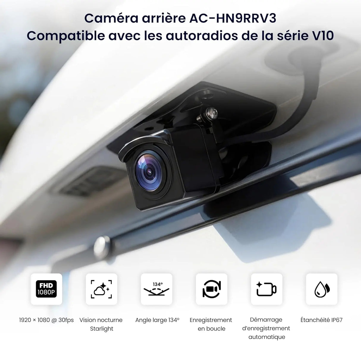 ATOTO AC-HN9RRV3 Caméra de Recul AHD 1080p, 134° Grand-Angle, Vision Nocturne Starlight, Boucle Vidéo, Mode Parking, IP67 Étanche, Capteur G, Série V10