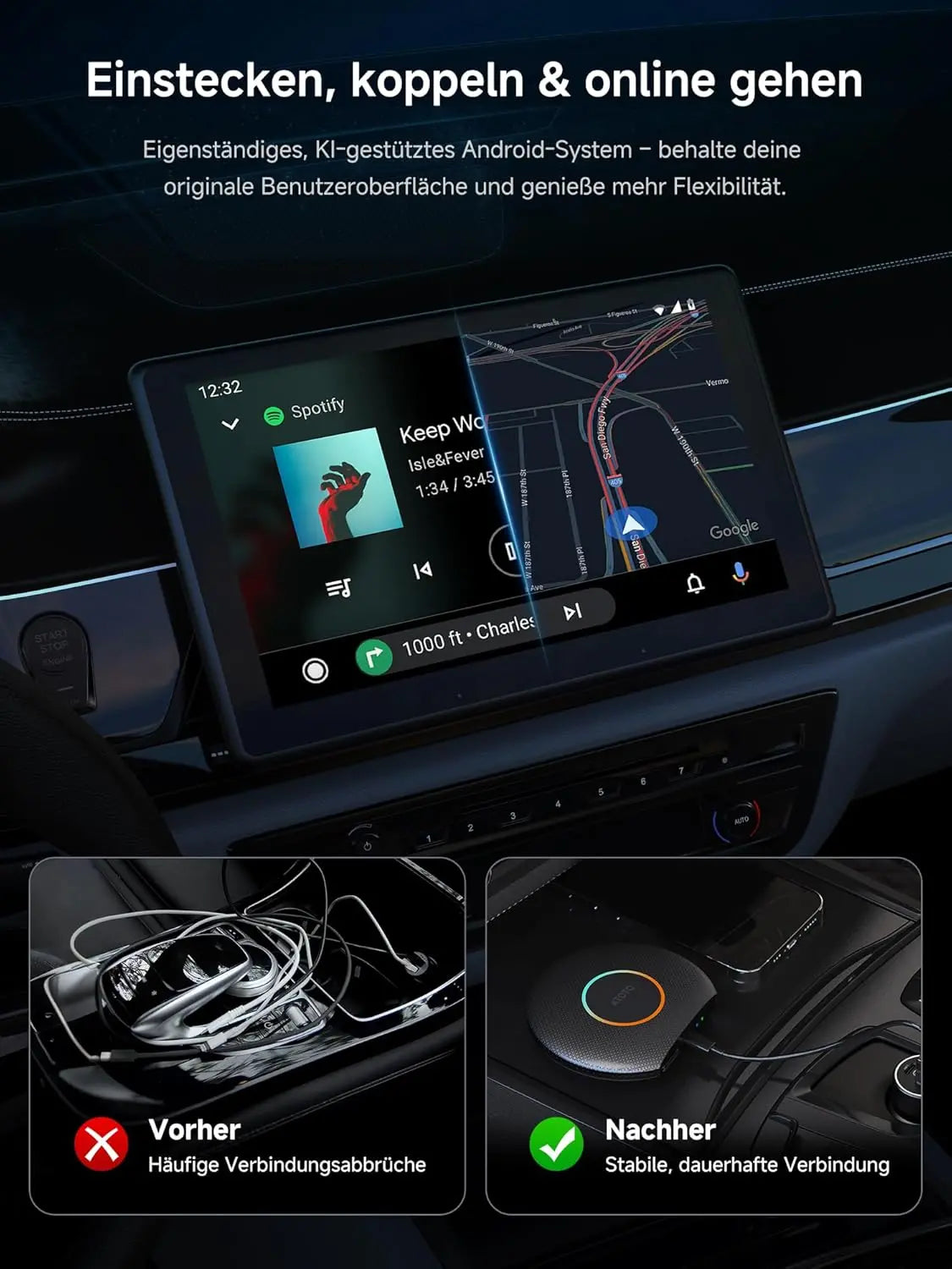 ATOTO CB6 Wireless CarPlay Adapter, Intelligenter AI-Sprachdongle mit GPS-Tracking, Kabelloses CarPlay und Android Auto, Bluetooth, 4GB+64GB, Kompatibel mit vielen Apps 