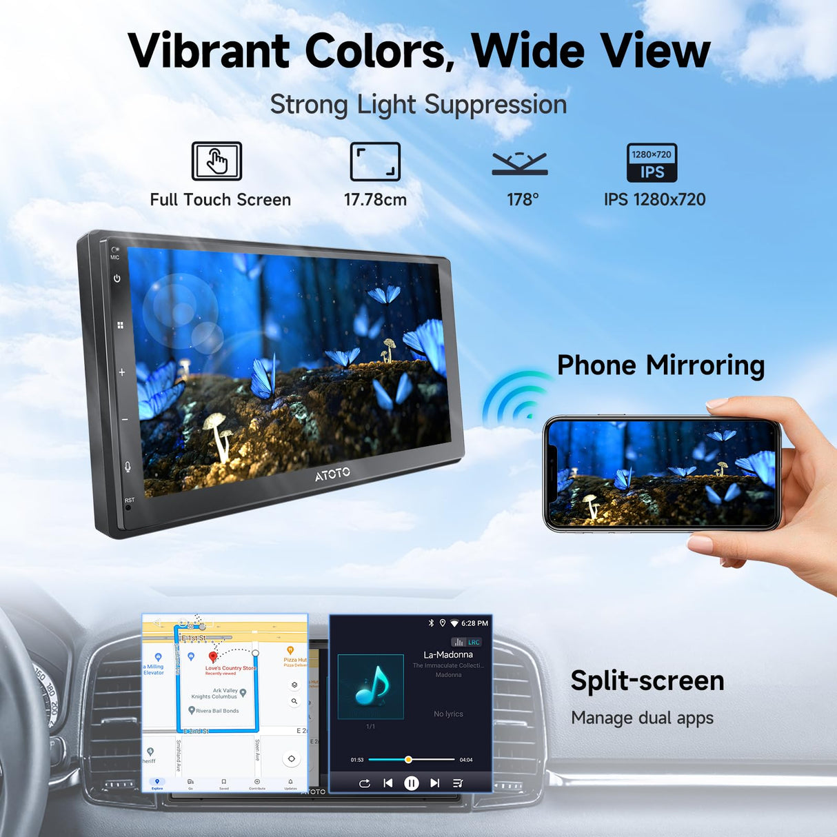 ATOTOZONE A5L Autoradio Android 2 Din 7", Unità principale con CarPlay e Android Auto senza fili, Ricevitore audio per auto con touchscreen, 2+32G, MirrorLink, EQ-24 bande, Tethering de WiFi/BT, FM/AM
