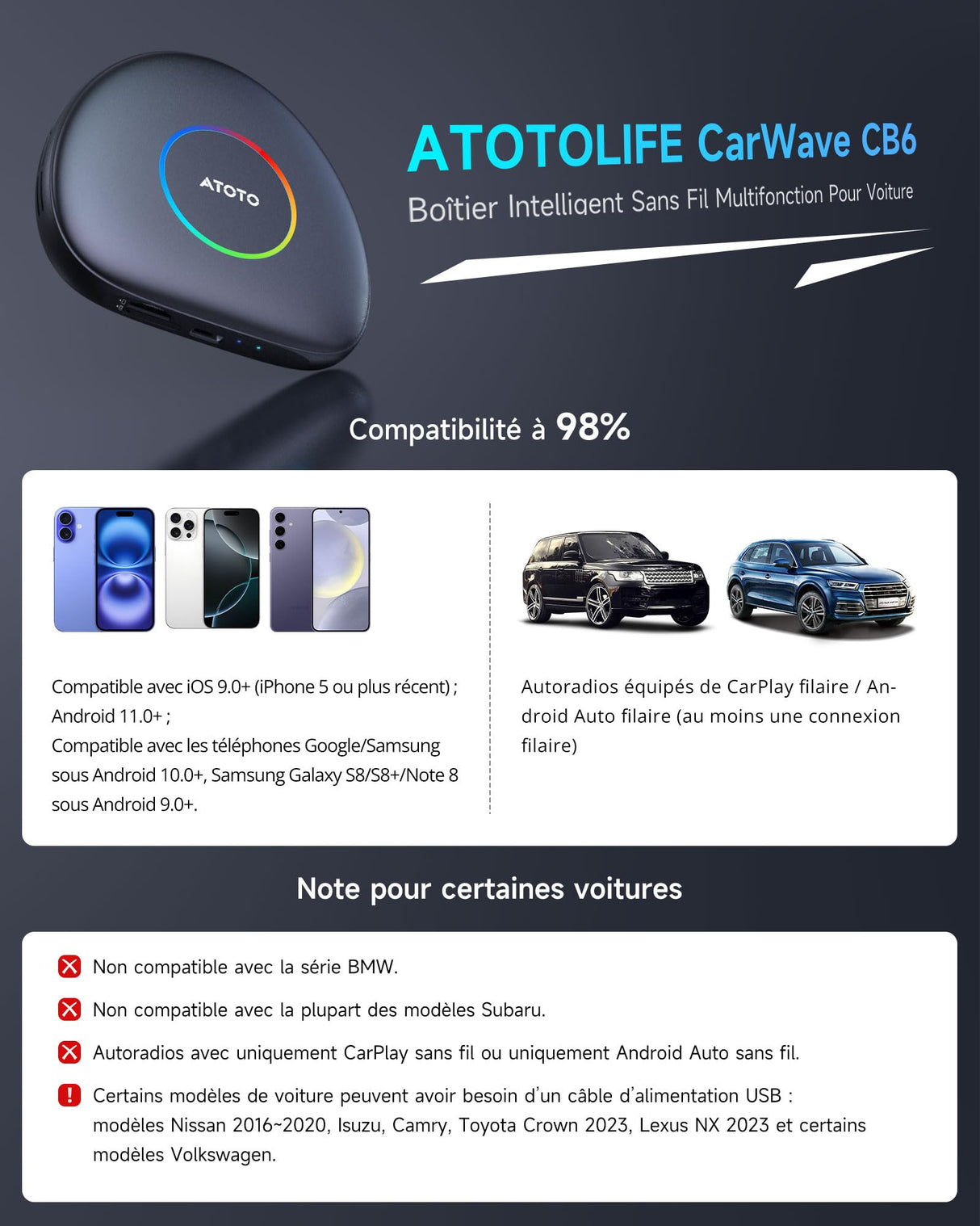ATOTO CB6C Adaptateur CarPlay sans fil Android 13, Boîtier AI Plug & Play avec GPS, IA DriveChat, 4G LTE, 4GB+64GB, Noir