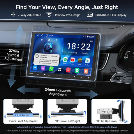 ATOTO A5LG110T Autoradio 1 DIN/2 DIN Android 10" con schermo fluttuante, telecamera posteriore, CarPlay e Android Auto senza fili, tethering WiFi/BT/USB, MirrorLink, DSP, FM/RDS, 2G+32G