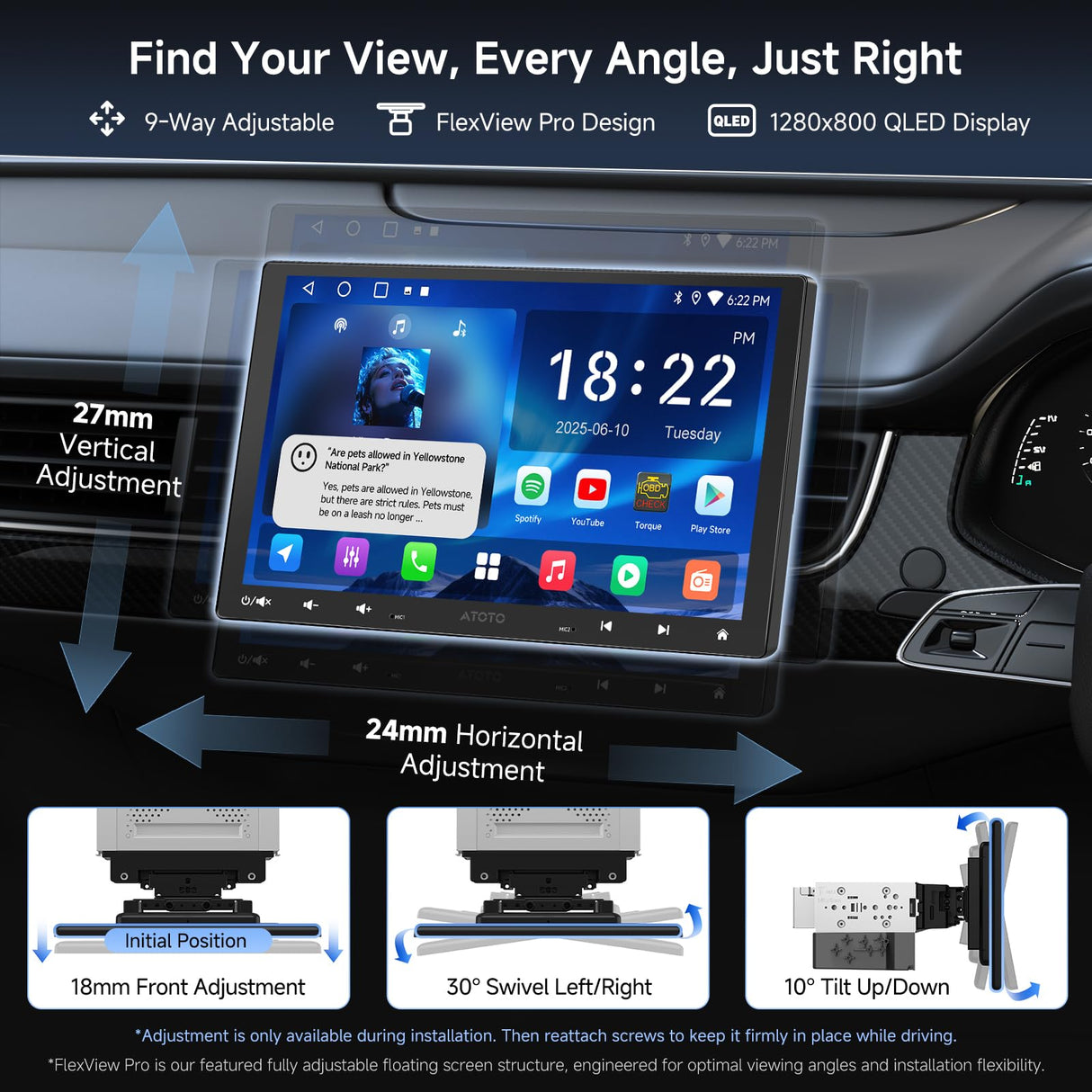 ATOTOEXCEL A5L 10.1 inch Double DIN &Single DIN Adaptive Android Car Stereo, Wireless CarPlay, Android Auto IPS Floating Screen Head Unit, 24-Band EQ, GPS Tracker, Backup Camera, HD LRV, 2G+32G