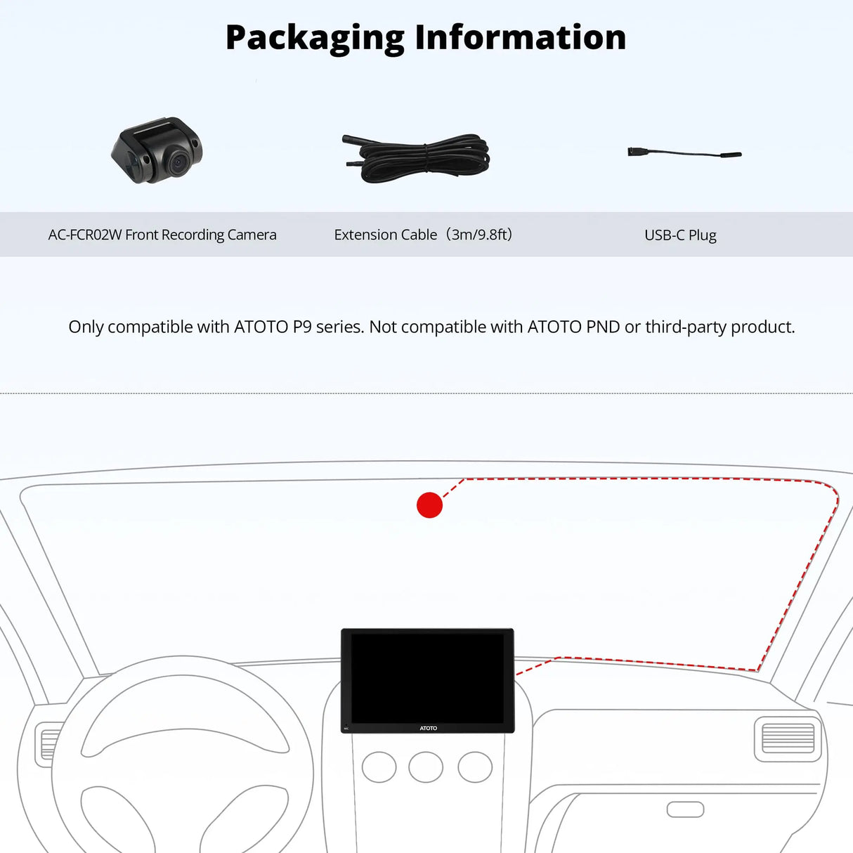 ATOTO AC-FCR02W Dash Cam 1080P Anteriore, Grandangolo 150°, Soppressione Luce Intensa, Supporto fino a 128GB – Compatibile solo con Serie ATOTO P9 Selezionate