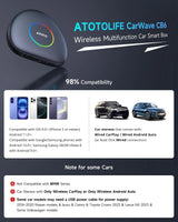 ATOTOLIFE CB6C AI Box CarPlay, Wireless CarPlay/AndroidAuto Adapter with YouTube, Car Video Box with AI Assistant, GPS Navigation, Android 13, 4G LTE, Expandable to 256GB, Watch Videos in Your Car